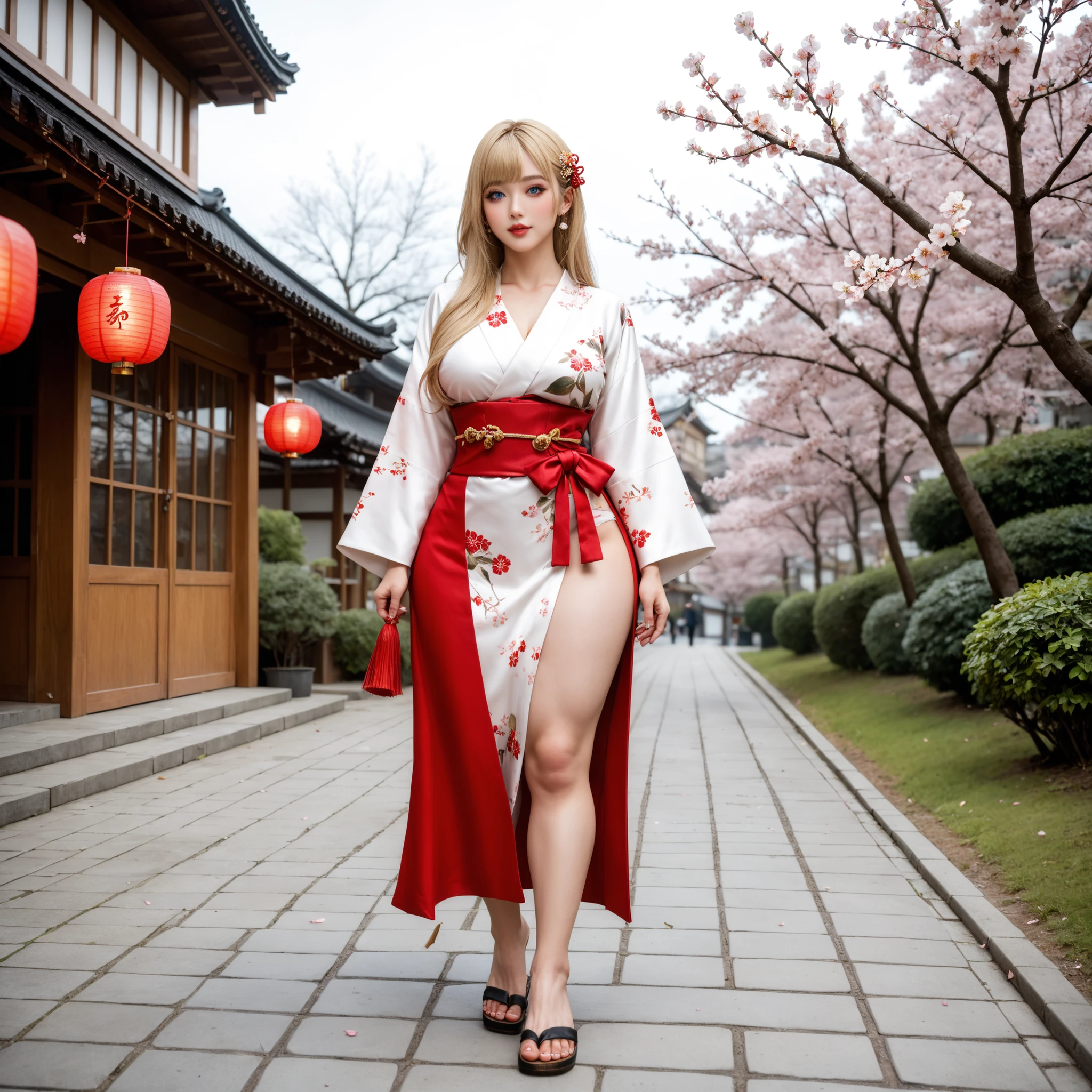 “A beautiful woman with cat ears, long blonde hair, and red eyes. She has a tear mole under her left eye, no human ears, red eye shadow, and light red blush. She is wearing a traditional Japanese yukata with a yellow obi and red thong geta sandals. The image should be highly detailed, 8K resolution, with cinematic lighting and a twilight sky, capturing intricate textures.”