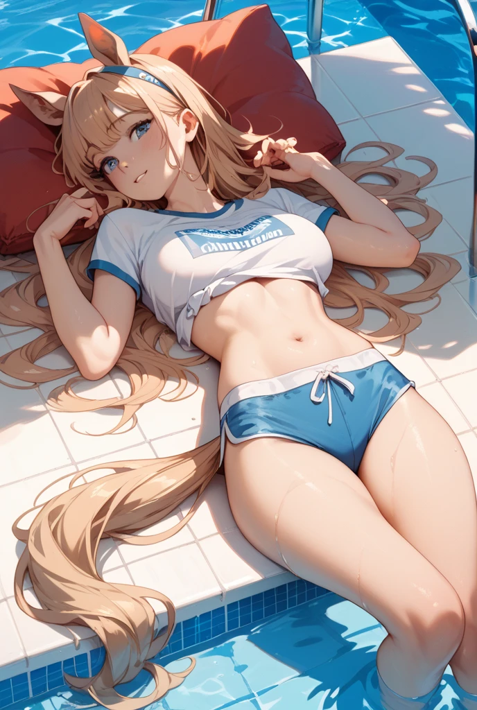 (8k, original photography, best quality,）a girl，20 years old，（long golden hair，Qi bangs，thick hair），slim，((The legs are thin and straight))，（sports bra，Navy blue），In the school locker room，sitting position，There are beads of sweat on the body