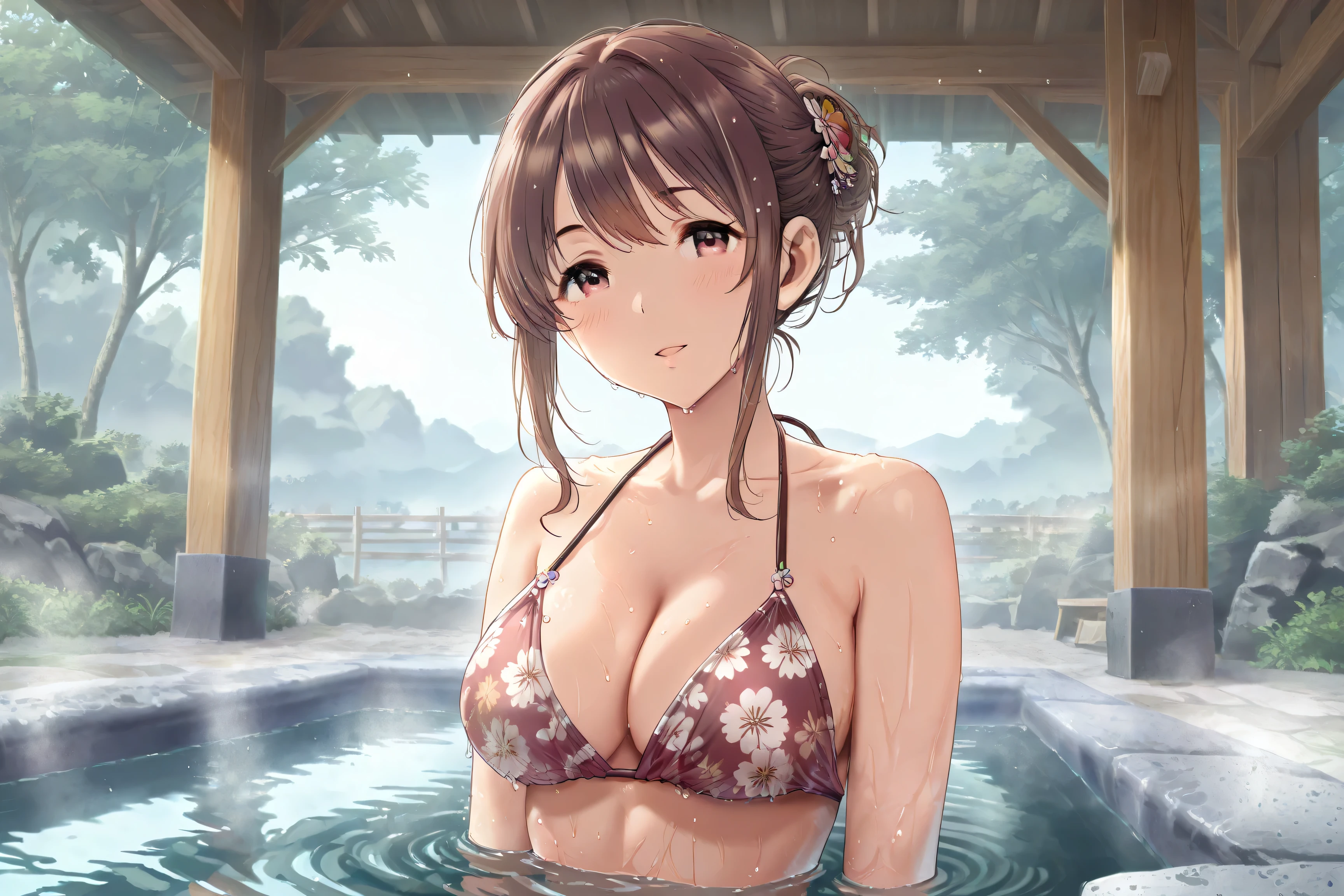 attractive korean woman, ripped muscle, muscular body, small breast, pale skin, smile(blush), lingerie, crown, cross necklace, sixpack abs, [ultra detailed skin:1.2], brown hair, wavy hair, 8k uhd, pussy, full body, crowd, public, poolside, standing,