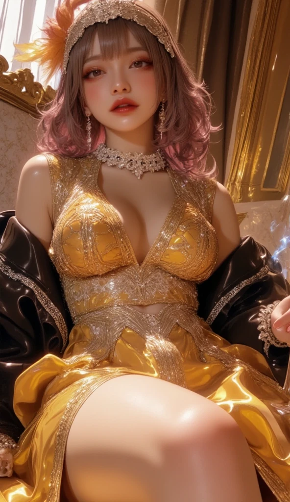 (Masterpiece, BestQuality:1.3), (ultra detailed:1.2), (hyperrealistic:1.3), (RAW photo:1.2), High detail RAW color photo, professional photograph, (Photorealistic:1.4), (realistic:1.4), (Pink Hair:1.5), professional lighting, perfect anatomy, (Big Breasts:1.2), (blush, detailed face), (A happy smile:1.7), Trending Hair&Trending Hairカラーをランダムに, earrings, necklace, bracelet, sexly, erotic sexly, Random sexy gravure poses, (Sexy beauty in a gold dress、Fine dining、Elegant look、Long Curly Hair、Pose of sitting on a chair and crossing legs。:1.3)