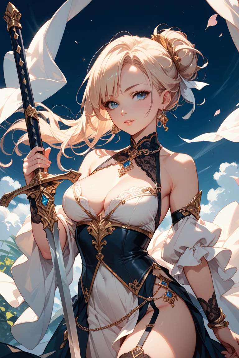 A elf woman with a gentle heart, still strong in the midst of war. highly detailed, digital painting, artstation, concept art, smooth, sharp focus, illustration. BREAK. (1elf girl), (asymmetrical bangs:1.3), TopKnot hair, short hair, highly detailed face and eyes, Perfect lips, (white blonde hair, Deep Blue Eyes:1.2), perfect body, big breast. By Yusuke Murata