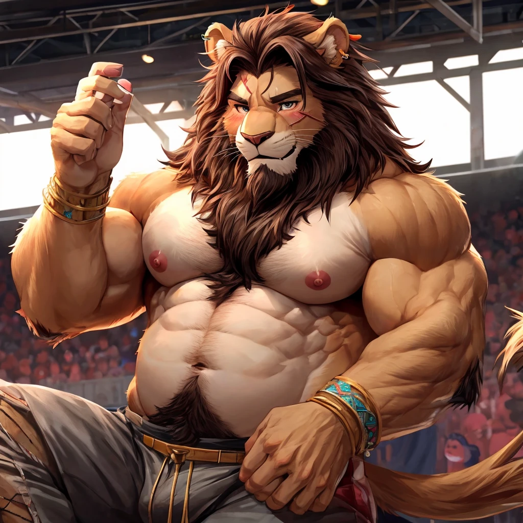 (masterpiece,Highest quality,Ultra-detailed,Perfect Anatomy),kemono,Sharp focus,By Taran fiddler,alone,anthro,Watching the audience,Fine grain,whole body,penis,Lion,Simba