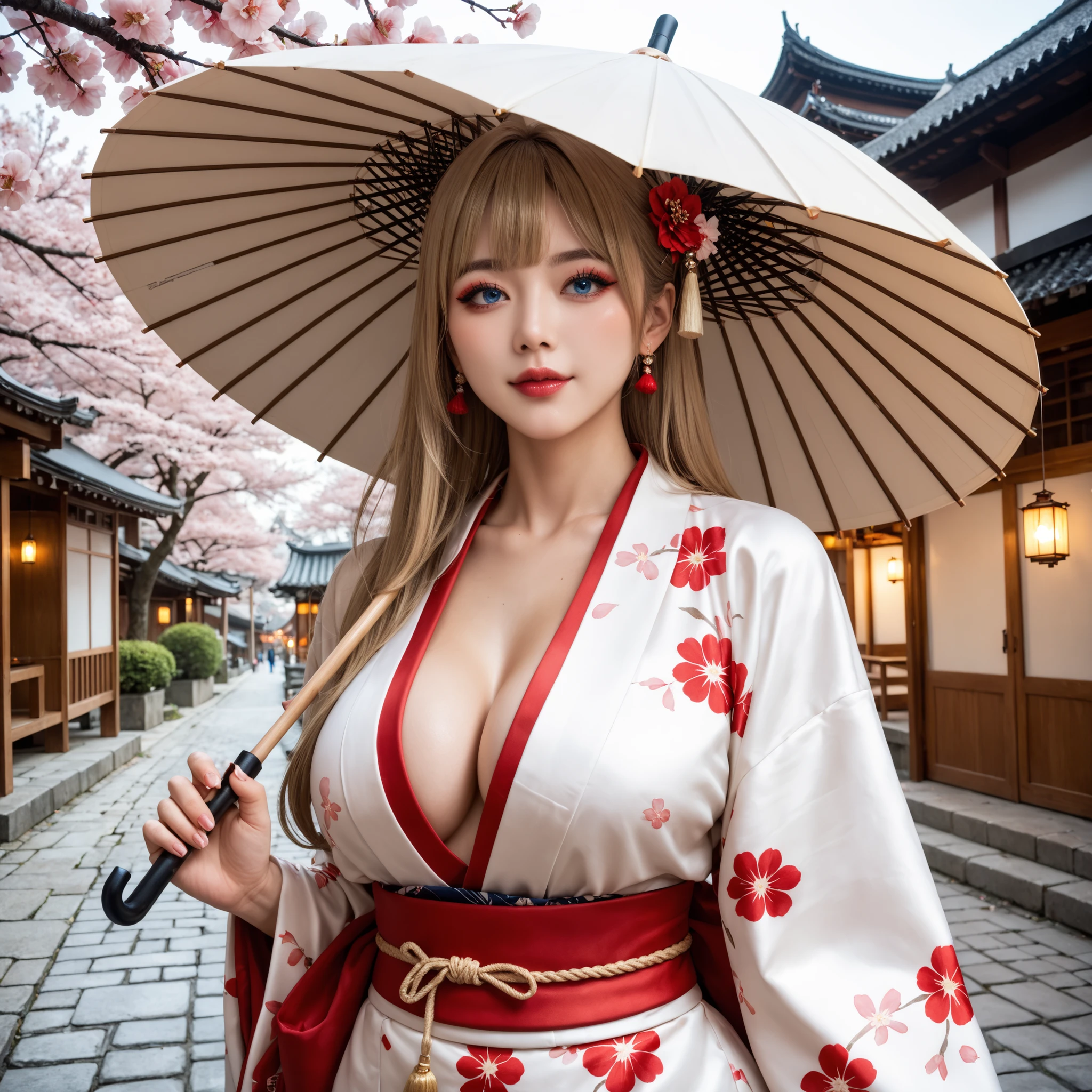 samurai girl, adorable, cleavage, red and black kimono, sakura tree, blonde hair, detailed face, model pose
