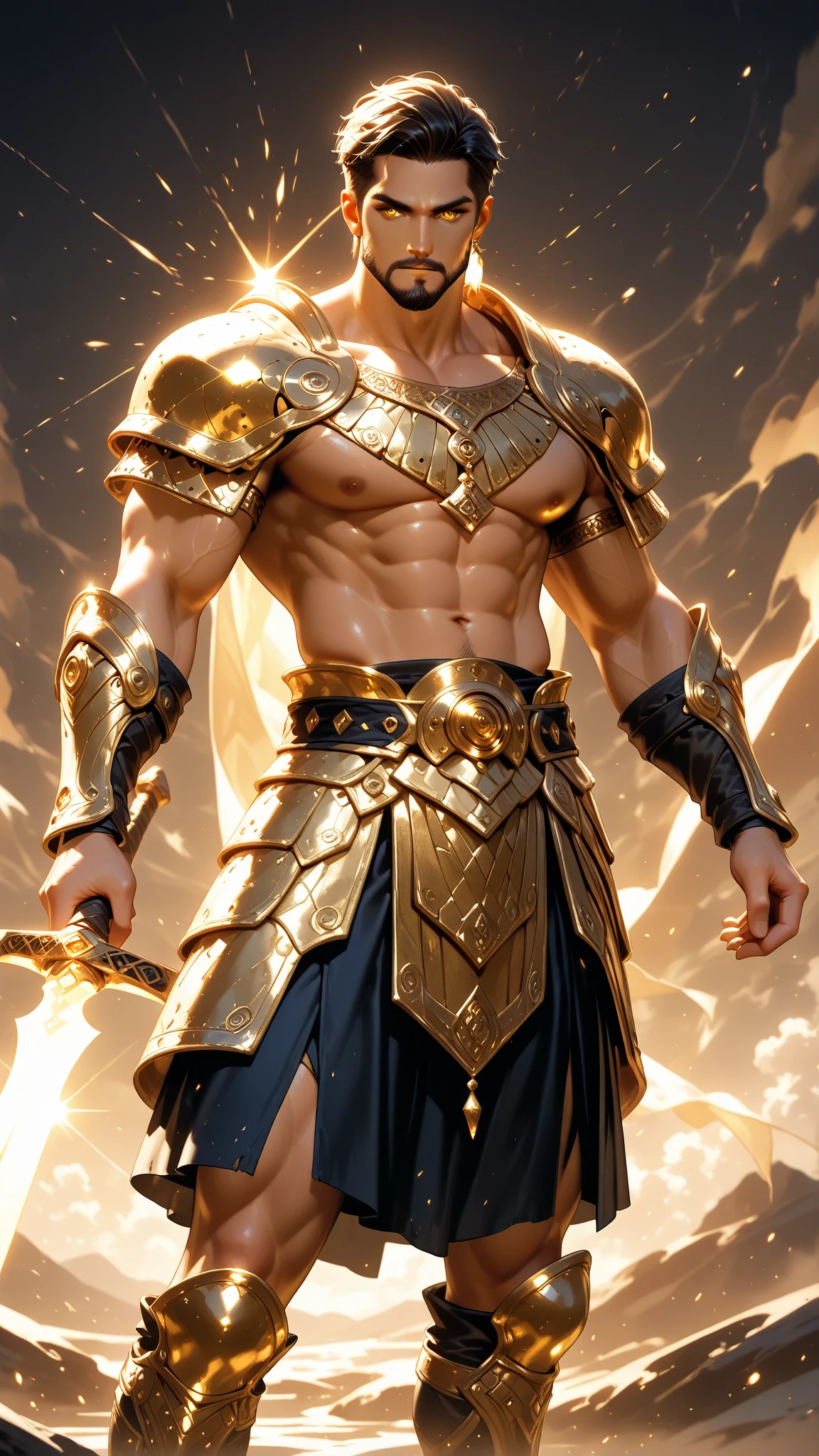 A commanding alpha man with fiery red hair, each copper strand rippling like a lion's mane in the soft, golden light of the chamber. He is shirtless, revealing a sculpted physique that speaks of power and dominance, his broad chest adorned with a sprinkling of coarse hair that tapers down to a narrow waist. His muscular arms are crossed over his chest, one hand resting possessively on the arm of the king's throne he occupies. His eyes, a piercing shade of emerald, gaze directly at the viewer with a confidence that could make the mightiest tremble. On his right, a beautifully crafted throne sits empty, serving as a stark contrast to the presence of the nude man kneeling at his side. This submissive figure, with skin as pale as moonlight, leans into the alpha's touch, a look of devoted adoration in his eyes. The nude man's body is a canvas of vulnerability and desire, with every curve and line speaking of his willingness to serve. The room is opulent, with velvet drapes and gleaming gold accents that reflect the power dynamics at play. The alpha's grip on the throne is firm, as if to assert his dominance over the space, while the nude man's posture is one of absolute surrender. The scene is charged with a palpable tension, a silent narrative of authority and submission playing out in the shadowy grandeur of the royal setting.

