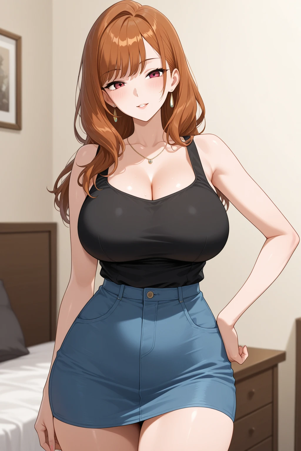 Disappointed, Gothic art, 8k, super detail, super detail, textured skin, anatomically correct, 8k,love live!, kousaka honoka,(beautiful detailed blue eyes), (best quality), (ultra-detailed), (masterpiece), solo, (dynamic pose), 1 girl, wavy hair , high waisted jeans pants, sexual arousal, sexual expression, shiny skin., (camel toe), big eyes, anime, tank top, (black lips:0.6)