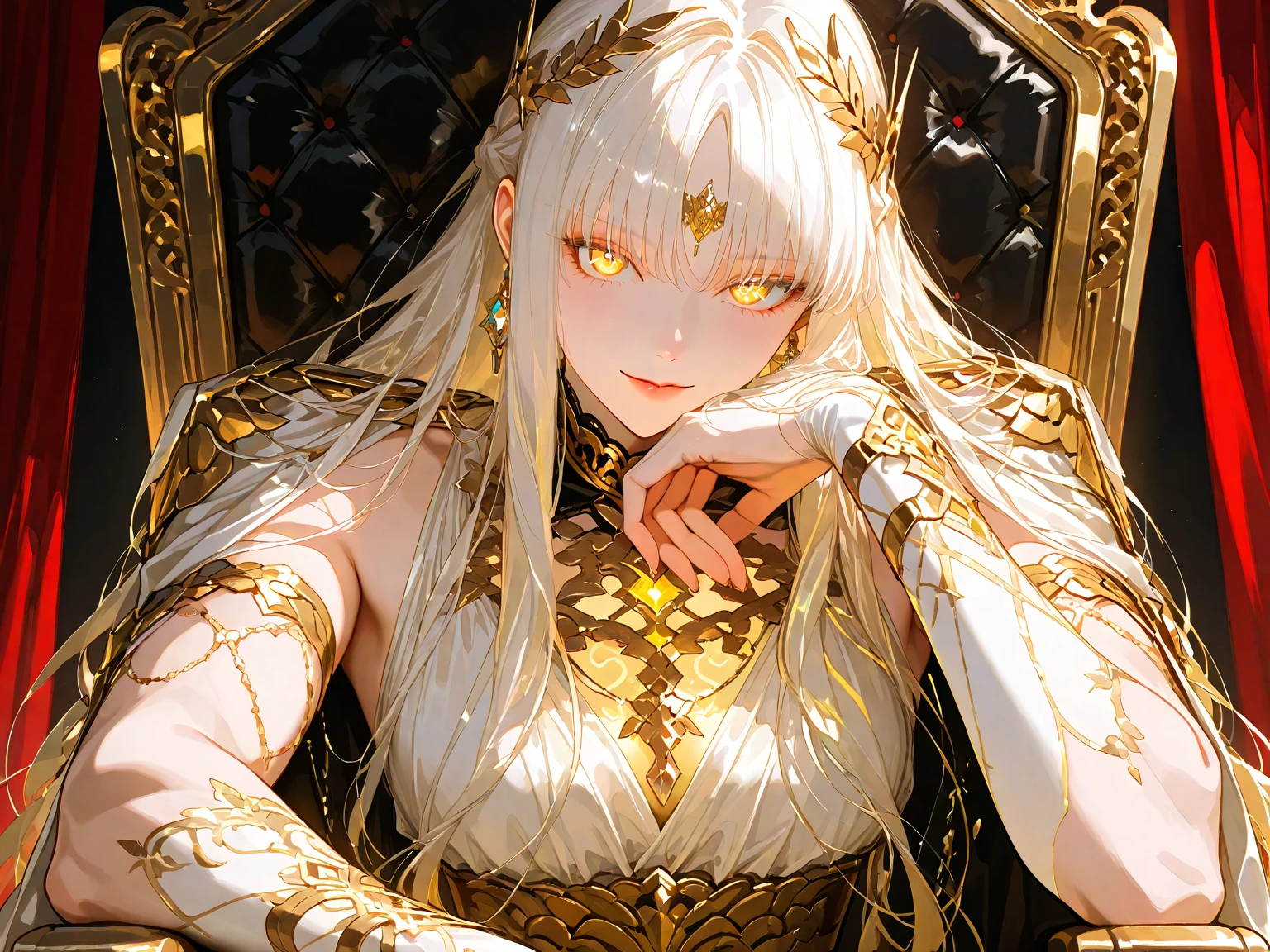 (Masterpiece:1.2), best quality, (illustration:1.2), (ultra-detailed), hyper details, (delicate detailed), (intricate details), (cinematic light, best quality Backlights), clear line, from below, solo female, perfect body, (1girl), white hair, glowing yellow eyes, (emperor, black see-through clothes),(crown:1.1), sitting on Throne, slightly close eyes, looking downward, turn head, ( shy:1.2), ((makeup)), high contrast, (best illumination, an extremely delicate and beautiful), ((cinematic light)), colorful,