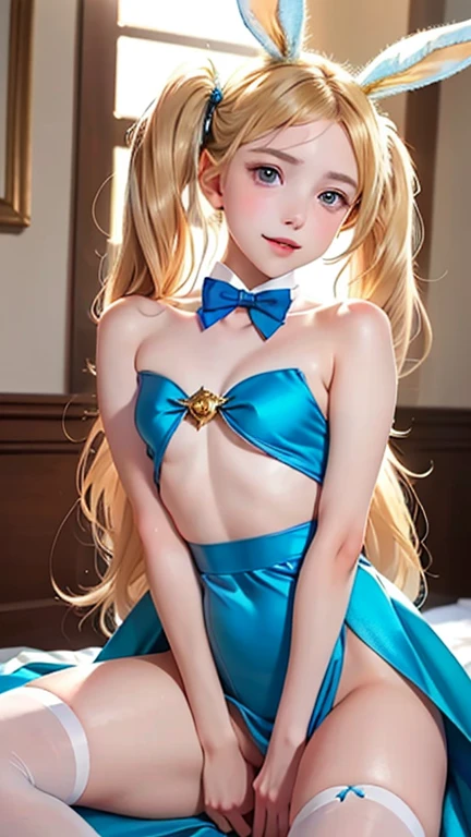 masterpiece, best quality, extremely detailed CG unity 8k wallpaper, (Upper Body head close-up shot of a beautiful little girl), , Elegant Long straight blonde hair, (Mckenna Grace), (flat chest,thighs,Brown skin), (Silver-blue) golden (Glittering tutu,long Bunny Ear Headgear, , Bow-tie, No panties, genitals visible), (spread legs), (Blush), oil skin, (seductive smile), (Wonderland), pretty face, key art, award winning, intricate detail realism hdr, by (ruan jia and artgerm and range murata), Photorealism, Hyperrealism, ultra realistic, dramatic light, intense shadows, gorgeous view, depth of field