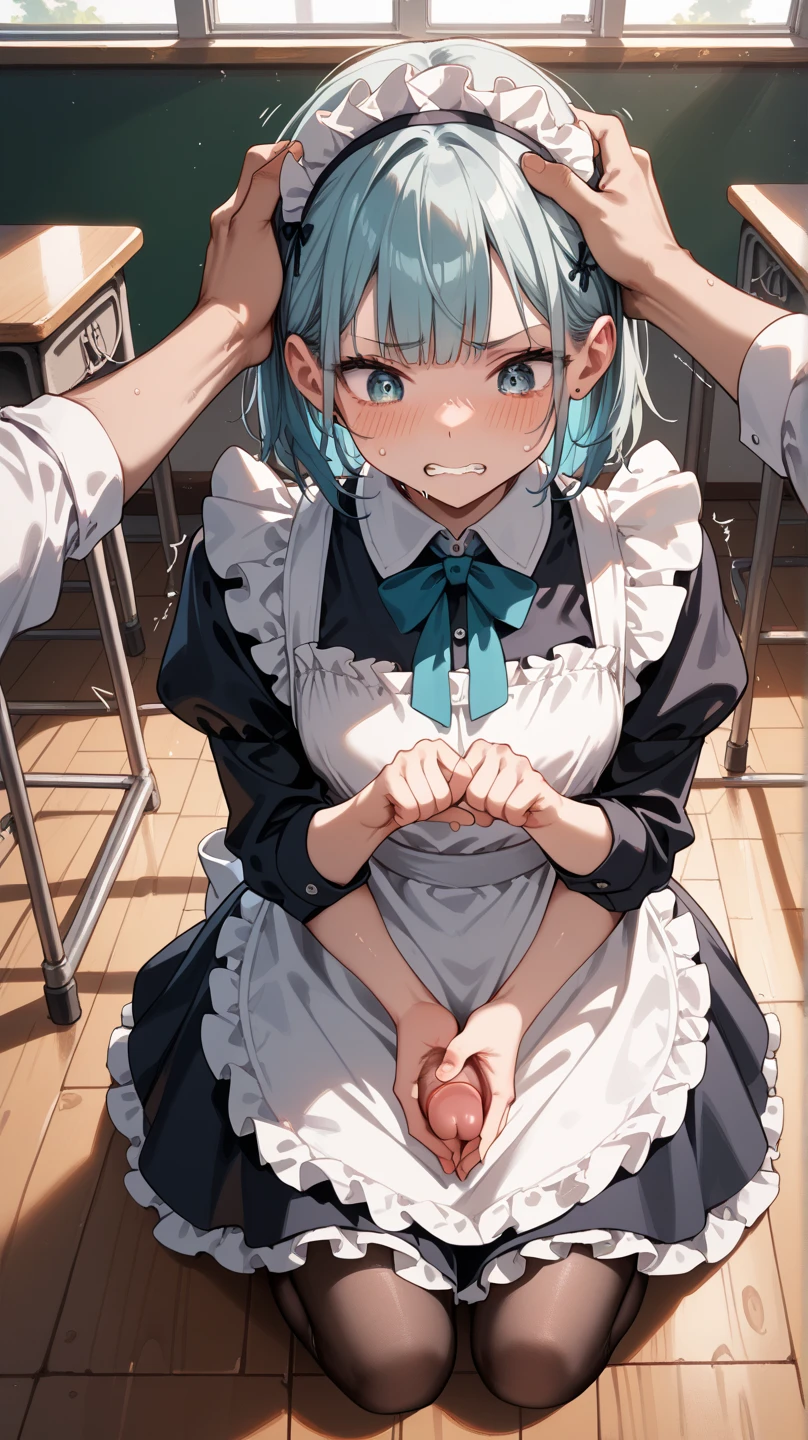 One Girl、Maid clothes、Grabbed by clothey chest is grabbed、Blushing、Inverted nipples、Small breasts、Blowjob、Bukkake、Ripped tights、View from above、Blowjobをしてくれている