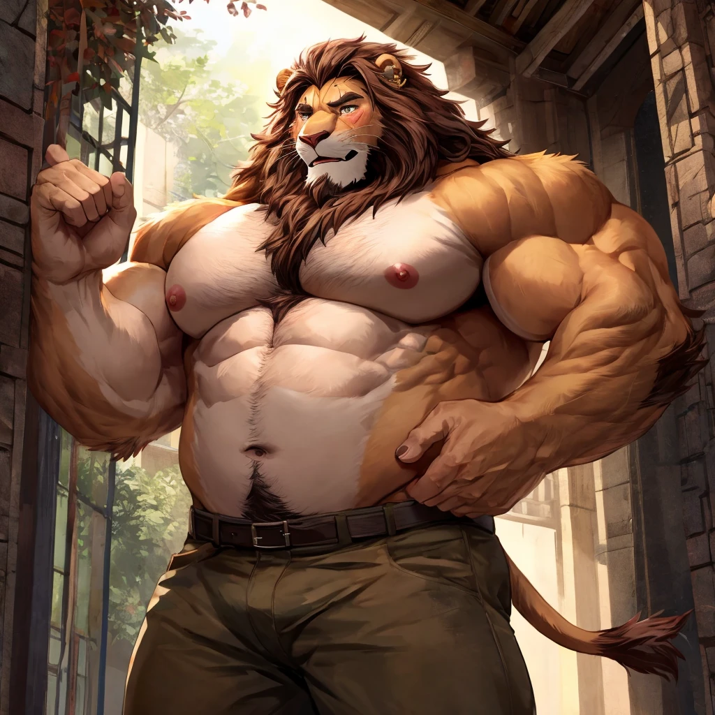2d, masterpiece, best quality, 4k, 8k, ultra highres, raw photo in hdr, sharp focus, photo realism, real life like, detailed background, mufasa anthro, mufasa (((cream fur, cream body, very long brown hair, brown beard, long Lion's mane))), muscular male, fluffly, cute, adorable, lovely, smile, big nipples, black nipples, happy face, dilf, daddy, mufasa, fangs, detailed big nipples, wide waist, broad shoulders, strong thighs, white teet, bulge, ripped jeans, tight clothing, fur wet, detailed background, hi res, perfect brown eyes, (by darkgem, by takemoto arashi, by anhes), Negative prompt: boring_e621_fluffyrock_v4, bad-hands-5, deformityv6