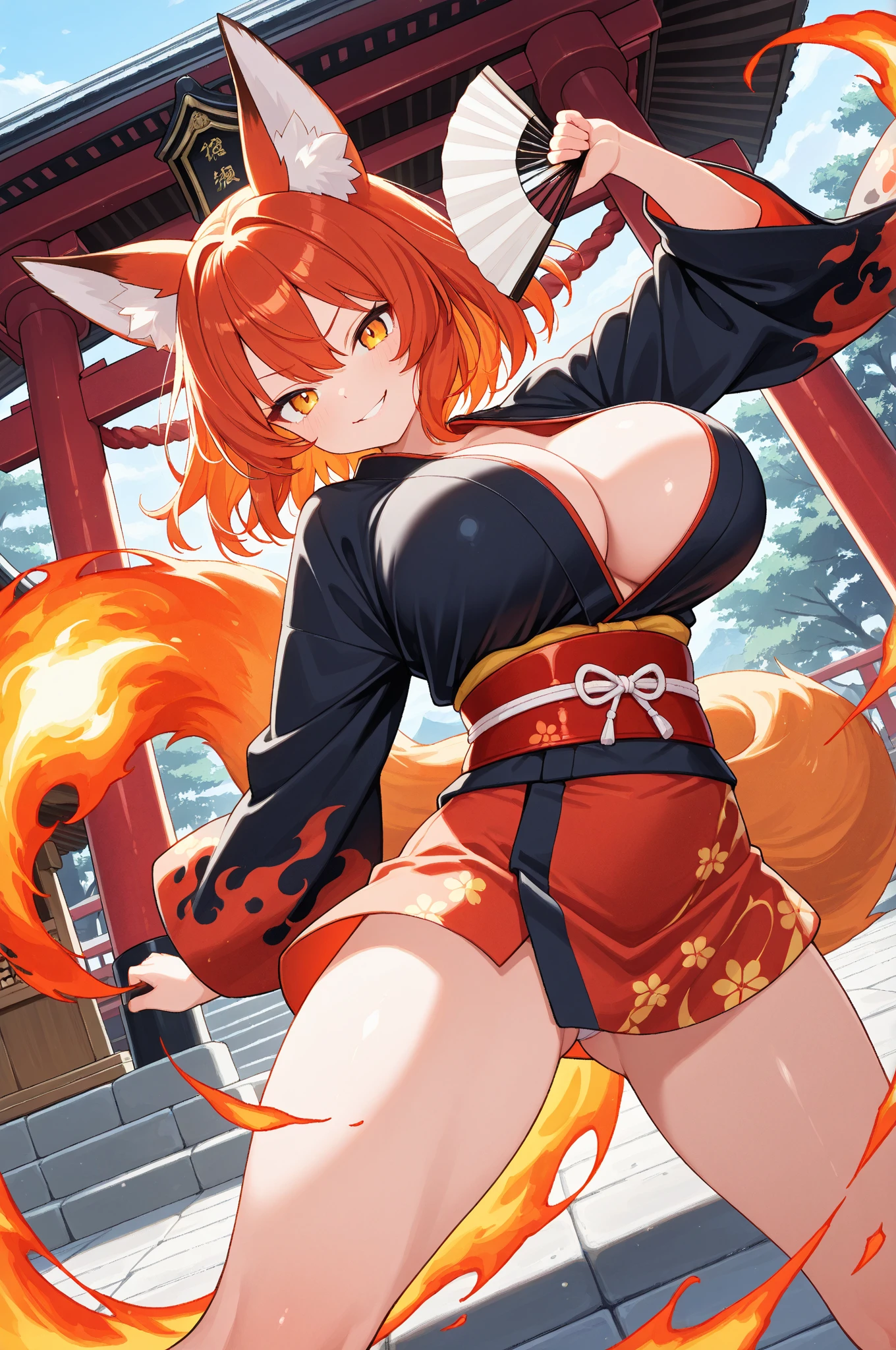(fox girl:1.2), (solo:1.2), (pixiv masterpiece:1.2), (hooded kimono:1.2), (medieval fantasy town:1.0), (huge tits:1.2), (nipples), (red hair)