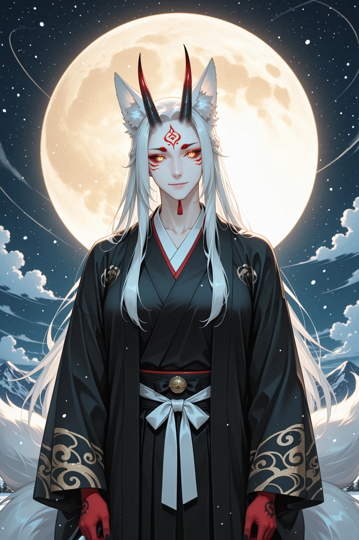 1 man, 40 years, solo, black kimono, night sky, japanese temple, wallpaper, perfect anatomy, perfect hands, masterpiece, looking at viewer, spiked hair, otsutsuki momoshiki, long white hair, hair over one eye, black gloves, third eye, pale skin, horns, forehead mark