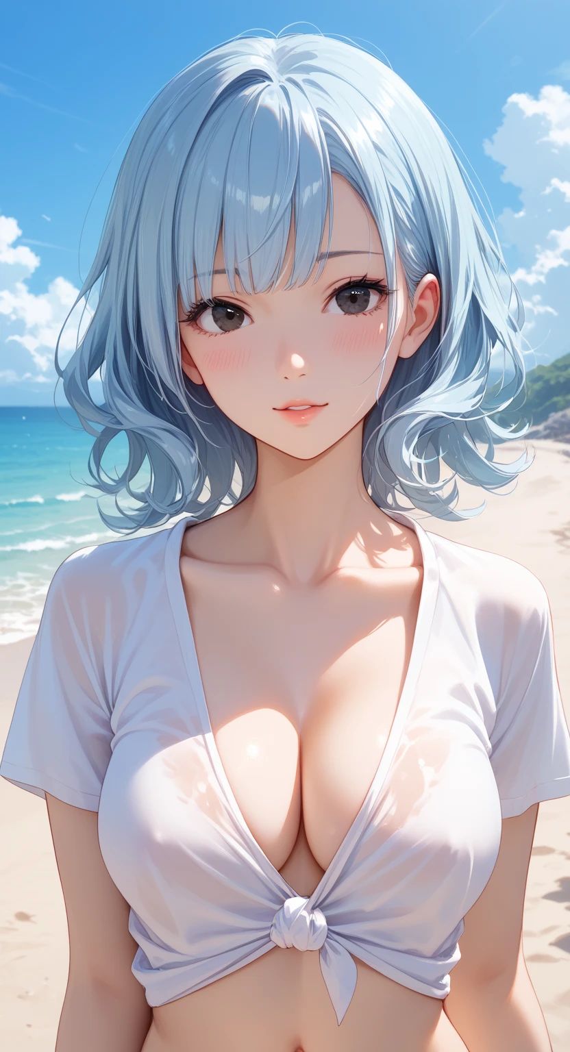 beautiful 24 year old woman short silver hair, pale skin bangs. pechos grandes bien formados. ojos plateados brillantes, cinta violeta en su cabeza. bikini violeta con blanco. sonrisa alegre. fondo playa solitaria pose sexy bikini color violeta. cinta violeta en su cabeza ,sonrisa, cinta violeta en su cabeza. cinta violeta en su cabeza