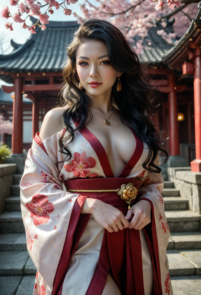 big breasted japanese woman in elaborate kimono, ornate shrine, cinematic atmosphere, (best quality,4k,8k,highres,masterpiece:1.2),ultra-detailed,(realistic,photorealistic,photo-realistic:1.37),(looking at viewer),highly detailed face,beautiful detailed eyes,beautiful detailed lips,extremely detailed eyes and face,long eyelashes,intricate kimono design,ornate shrine background,warm lighting,dramatic shadows,vibrant colors,photorealistic