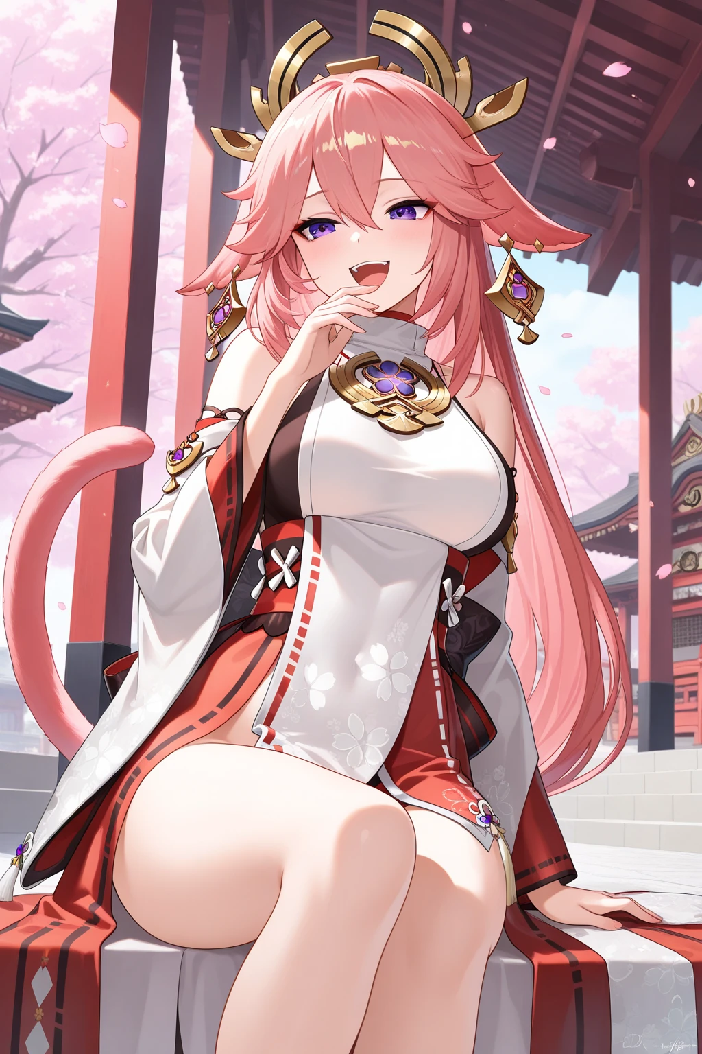 best quality, masterpiece, highres, solo, {yukata:1.40}, {kimono:1.20}, {tamamo_cat_fgo:1.15}, animal_ears, fox_ears, long_hair, pink_hair, animal_hands, yellow_eyes, ponytail, bell, animal_ear_fluff, breasts, neck_bell, fox_tail, tail, blush, fox_girl, large_breasts, jingle_bell, open_mouth, bow, hair_bow, apron, bangs, hair_between_eyes, red_bow, maid_headdress, fang, smile, cat_paws, hair_ribbon