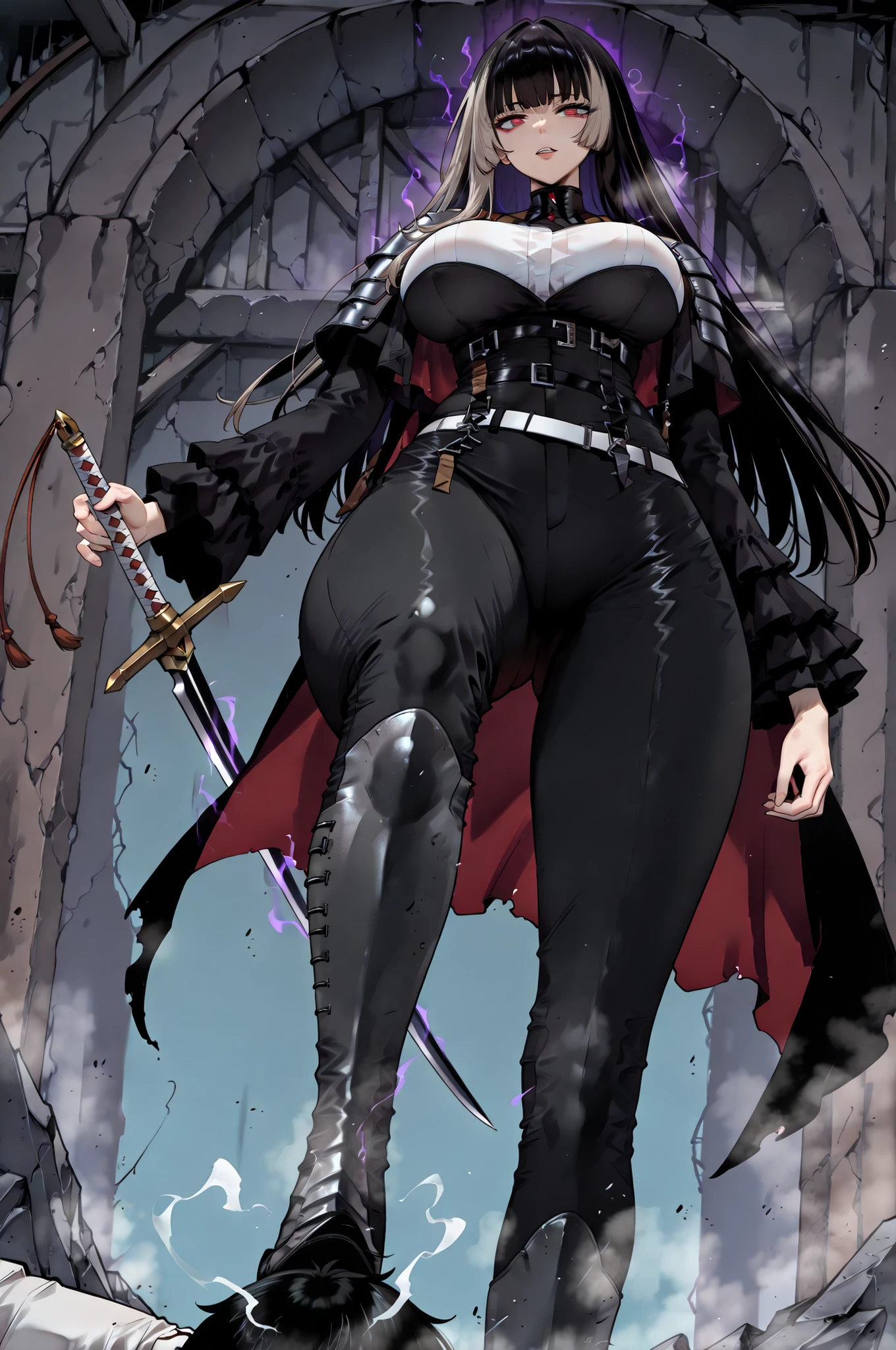 stomp、stompる、soloプレイ、solo、only one person、taken from below、caveの中、Hunter、Ruins、Attach a、black suit、Attach a、sword、Japanese sword、black longsuit、 black long jacket、ゴスロリなshirt、Depressed、Tall Woman、A woman in her thirties、 Alassah's woman、Steins;Gate、 black longsuit 、score_9, score_8_up, score_7_up, Source_anime,masterpiece、No expression、no makeup、top quality,beautifully detailed eyes in a logistics warehouse, Exquisite Eyes、A sophisticated eye、highly detailed eyes and faces on the back,unmotivated expression、lethargic face、 long breasts, Black Jacketを羽織る、Black Jacket、shirt, big saggy breasts, shockingly big breasts, big breasts,big boobs、boobs 、Zitoida, makeup、no makeup、long hair、smooth straight hair、black slacks、tall woman、Tall Woman、plump thighs, parted lips、 shining eyes,(Fire Aura Onkown),dungeon内、Crimson Eyes、long hair、dark haired、黒い髪、long straight hair、dungeon、cave、Ruins、solo、swordを持っている、soloプレイヤー、red aura、 Crimson Aura 、zone、sword、大sword、Japanese sword、Sword、ゴツいsword、厳ついsword、Buster Sword、大Sword、Wide ass、beautiful butt、butt that's stomping on a monster's carcass、long boots、Shoulder Armor、Fearless Laugh、strong、Is confident、suit pants、黒いlong pants、Black Skinny、long pants、Dynamic、Satu、fight、Satu狂、sexual impulses and、bangs、quick bangs、princess cut、モンスターをstompる、low angle、stomp、Black Skinny、モンスターをstomping 、stomping 、stomping する、モンスターの死骸をstompている、Sadist