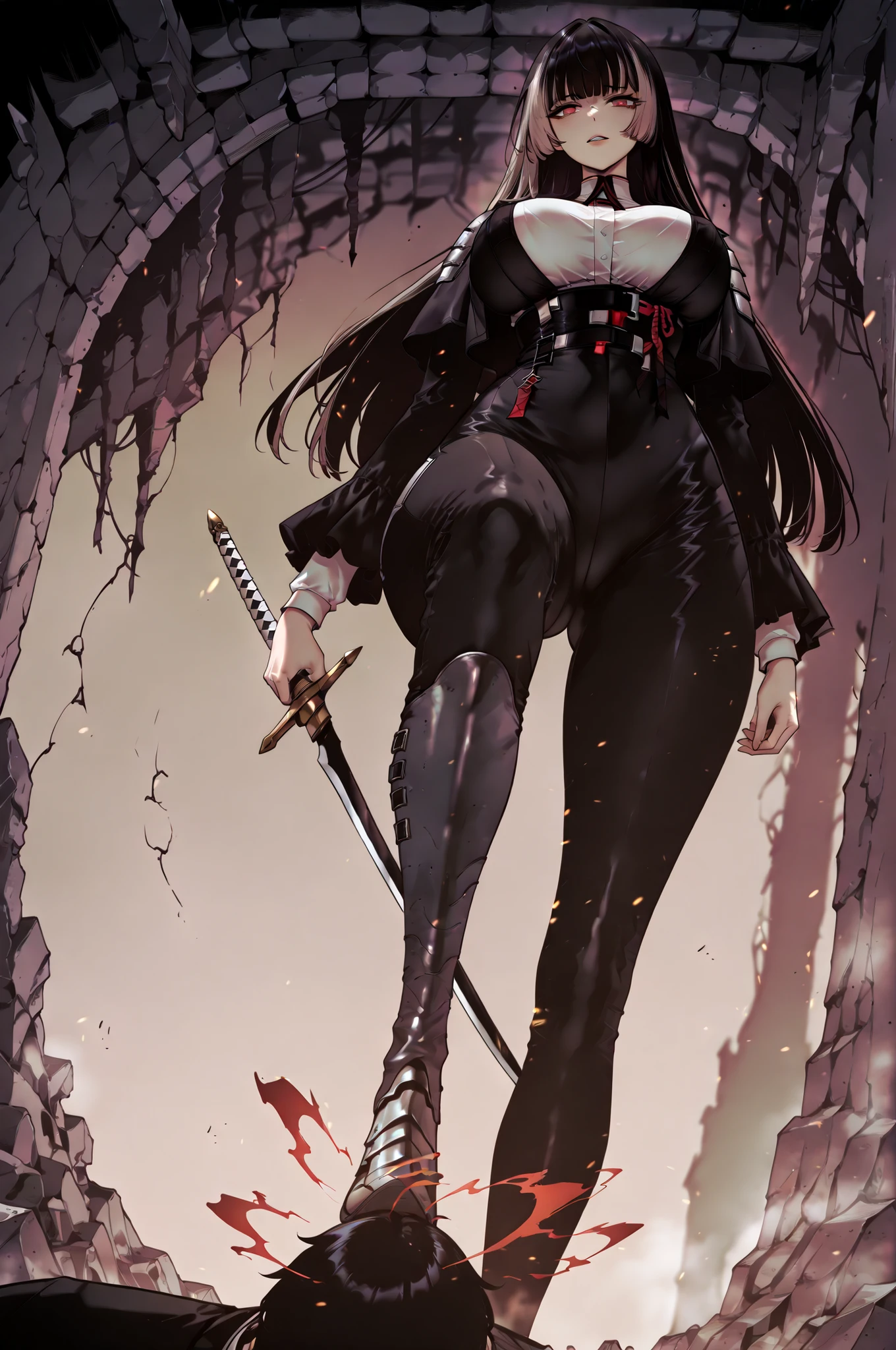 stomp、stompる、soloプレイ、solo、only one person、taken from below、caveの中、Hunter、Ruins、Attach a、black suit、Attach a、sword、Japanese sword、black longsuit、 black long jacket、ゴスロリなshirt、Depressed、Tall Woman、A woman in her thirties、 Alassah's woman、Steins;Gate、 black longsuit 、score_9, score_8_up, score_7_up, Source_anime,masterpiece、No expression、no makeup、top quality,beautifully detailed eyes in a logistics warehouse, Exquisite Eyes、A sophisticated eye、highly detailed eyes and faces on the back,unmotivated expression、lethargic face、 long breasts, Black Jacketを羽織る、Black Jacket、shirt, big saggy breasts, shockingly big breasts, big breasts,big boobs、boobs 、Zitoida, makeup、no makeup、long hair、smooth straight hair、black slacks、tall woman、Tall Woman、plump thighs, parted lips、 shining eyes,(Fire Aura Onkown),dungeon内、Crimson Eyes、long hair、dark haired、黒い髪、long straight hair、dungeon、cave、Ruins、solo、swordを持っている、soloプレイヤー、red aura、 Crimson Aura 、zone、sword、大sword、Japanese sword、Sword、ゴツいsword、厳ついsword、Buster Sword、大Sword、Wide ass、beautiful butt、butt that's stomping on a monster's carcass、long boots、Shoulder Armor、Fearless Laugh、strong、Is confident、suit pants、黒いlong pants、Black Skinny、long pants、Dynamic、Satu、fight、Satu狂、sexual impulses and、bangs、quick bangs、princess cut、モンスターをstompる、low angle、stomp、Black Skinny、モンスターをstomping 、stomping 、stomping する、モンスターの死骸をstompている、Sadist