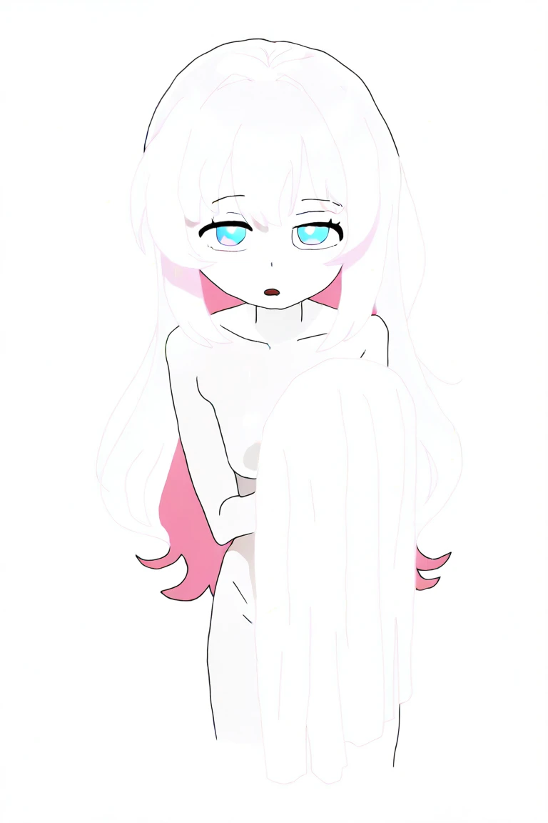 Naked, smoll stature, flat cheast, white hair