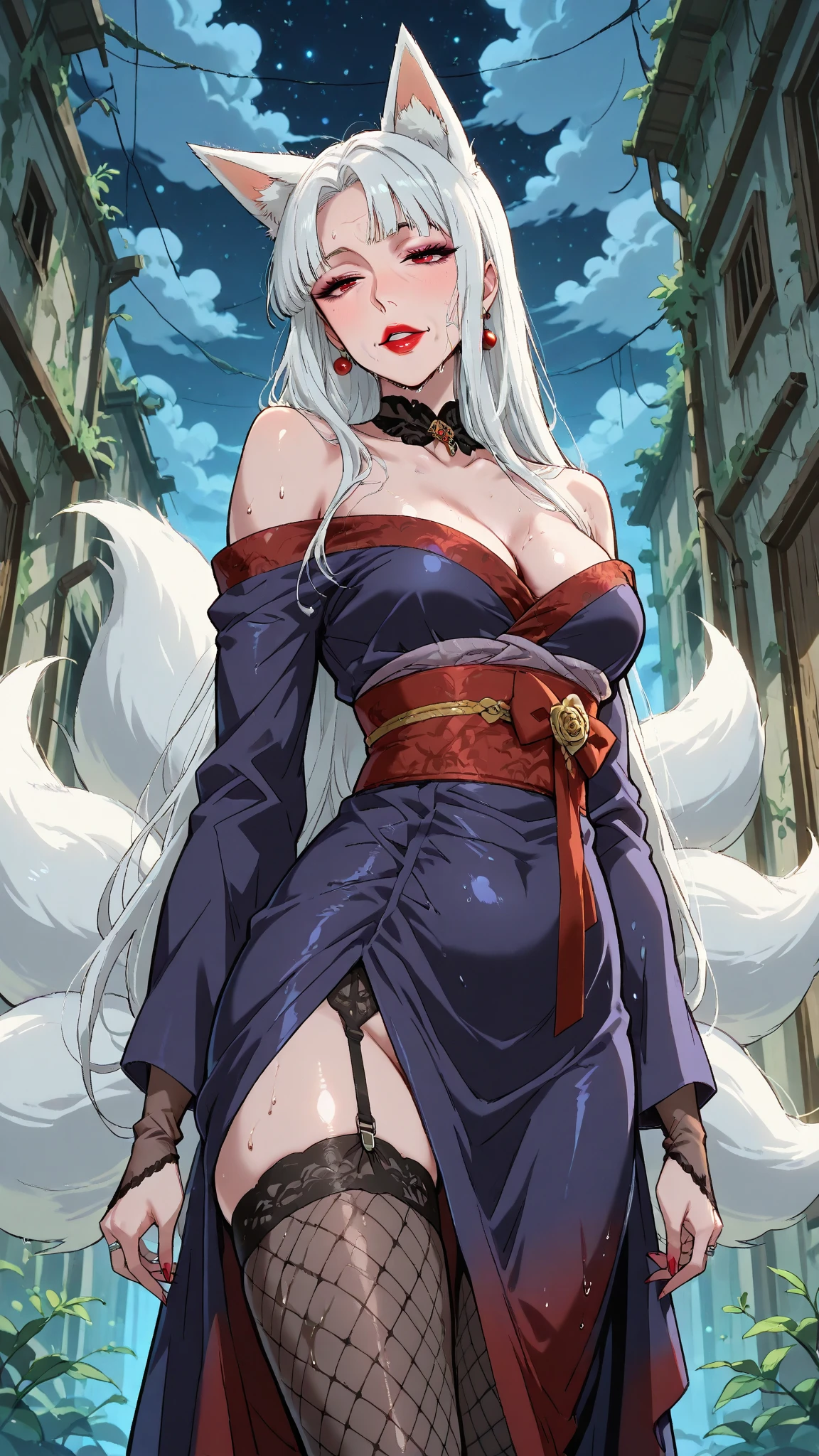 tsunade, dark_skin_female, female_solo, grey hair, messy_hair, yellow_eyes, long_hair, warrior women, red lips, forest background, black dress, belly revealing, mature_female, musclular body, tall height, sidelocks, line anime,mature female, (sidelook:1.64), (tanned skin:1,76)