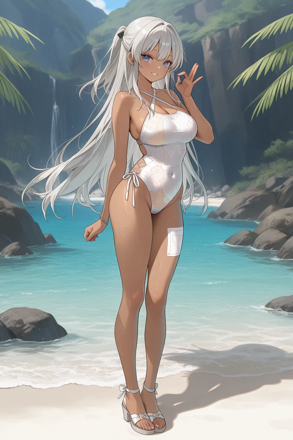 female, white long hair, red eyes, dark skin, (((1girl))), (((white and gold bikini top))), (white and gold bikini bottoms), cute and sexy, full body, large breasts, large butt, long legs, smiling