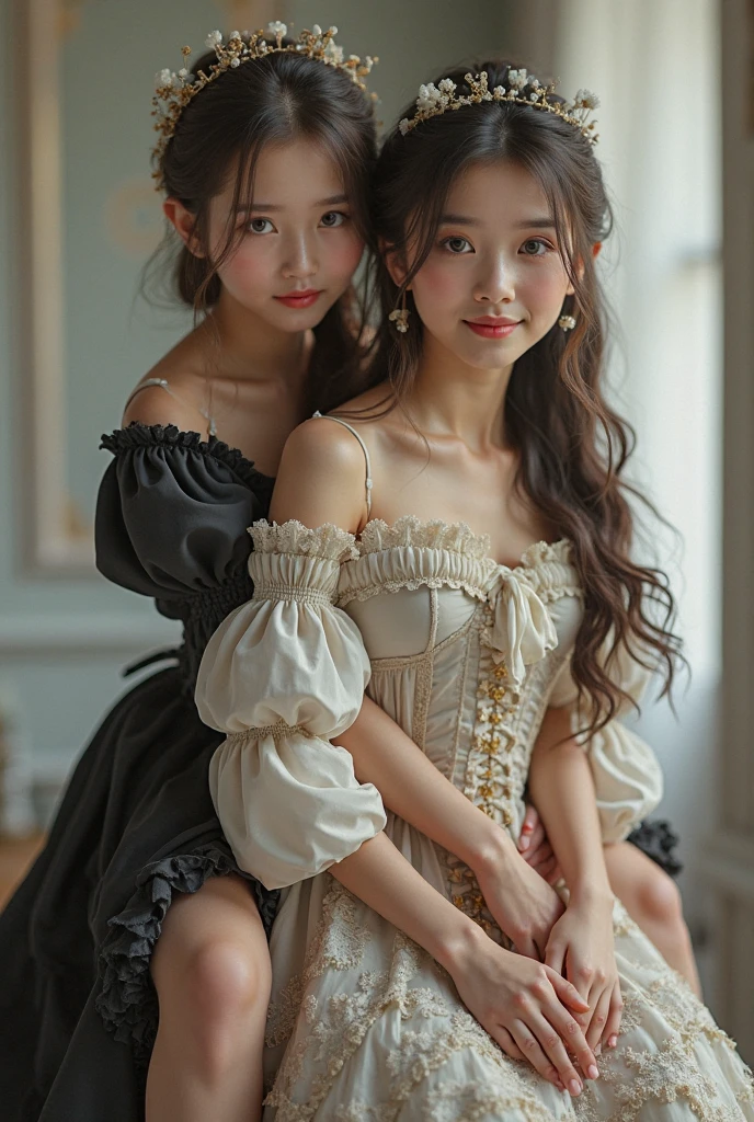 (highres),(realistic)
Renaissance, Vintage:1.4, 2 very young Girls, close friends and lovers,  Frilled Dress, low cleavage, Long Sleeves, Jewelry, Window, Indoor, Detailed Face, Soft Lighting, Delicate Textures, Antique Furnishings, Elegant Pose, Hugging and kissing, Subtle Colors
