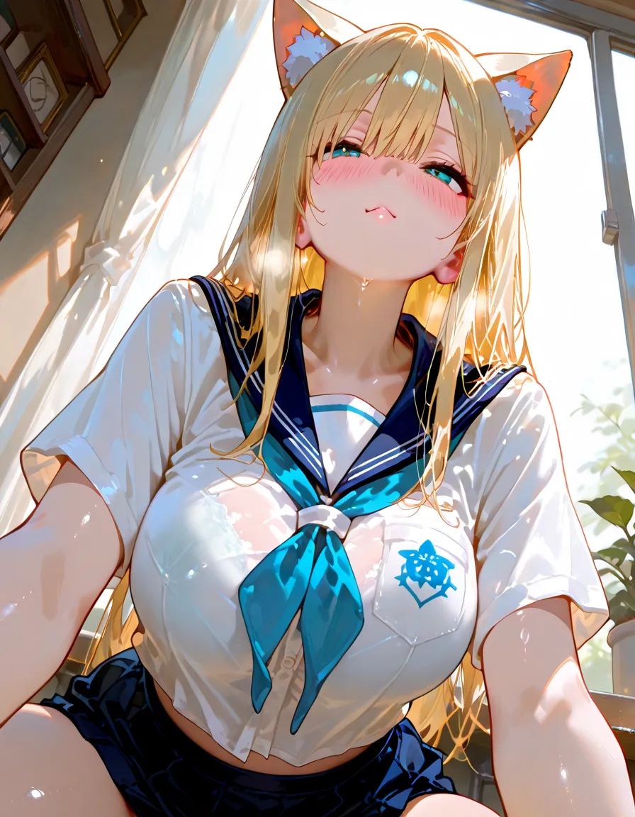 top-quality、realistic touch,high-detail、photoRealstic、thin-waist、captive beauty、big eye、solid platinum-blonde eyelashes、platinum-blonde、full body Esbian、Sparkling eyes, cheeks flushed、Kamimei、thin-waist、Voluptuous thighs、In the classroom of the school、She is in estrus、a sailor suit、cocky expression、Colossal tits、Super short skirt with V-line visible、Sleeveless、Milk drips from the nipples while on all fours、