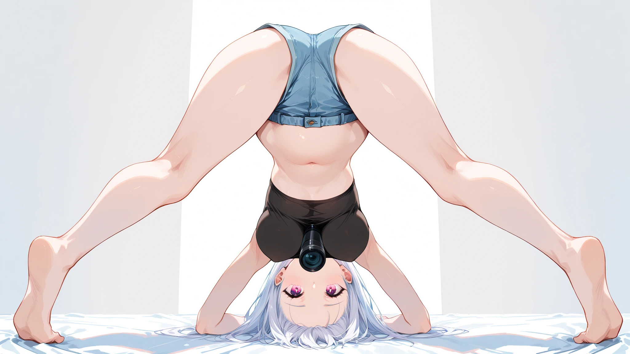 1 girl, short, pixie cut, white hair, white eyelashes, purple eyes, Japanese, white skin, big breast, full body, fit body, sexy, naked, tight pussy, spread legs, asshole, jack o pose