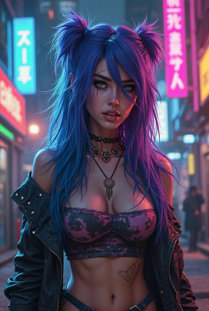 (Close-up of a better masterpiece: 1.5) 0.9], (Garota synthwave defined body, perfect muscles, huge breasts: 1.2) (long curly BLUE hair, Wearing Headphones: 1.1) (Xanthochromia, Heterochromia and red eyes: 1.2) (wearing a purple jacket: 1.0) (thick lips: 1.0) (background a dark and rainy futuristic city: 1.1) high definition, in detail, 4K