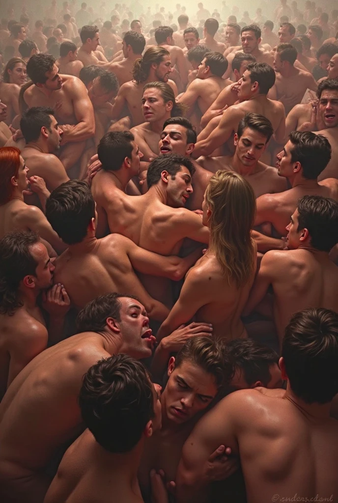 Woman naked with many naked men with their dicks out surrounding her she's crouching with legs open and the men are staring at her