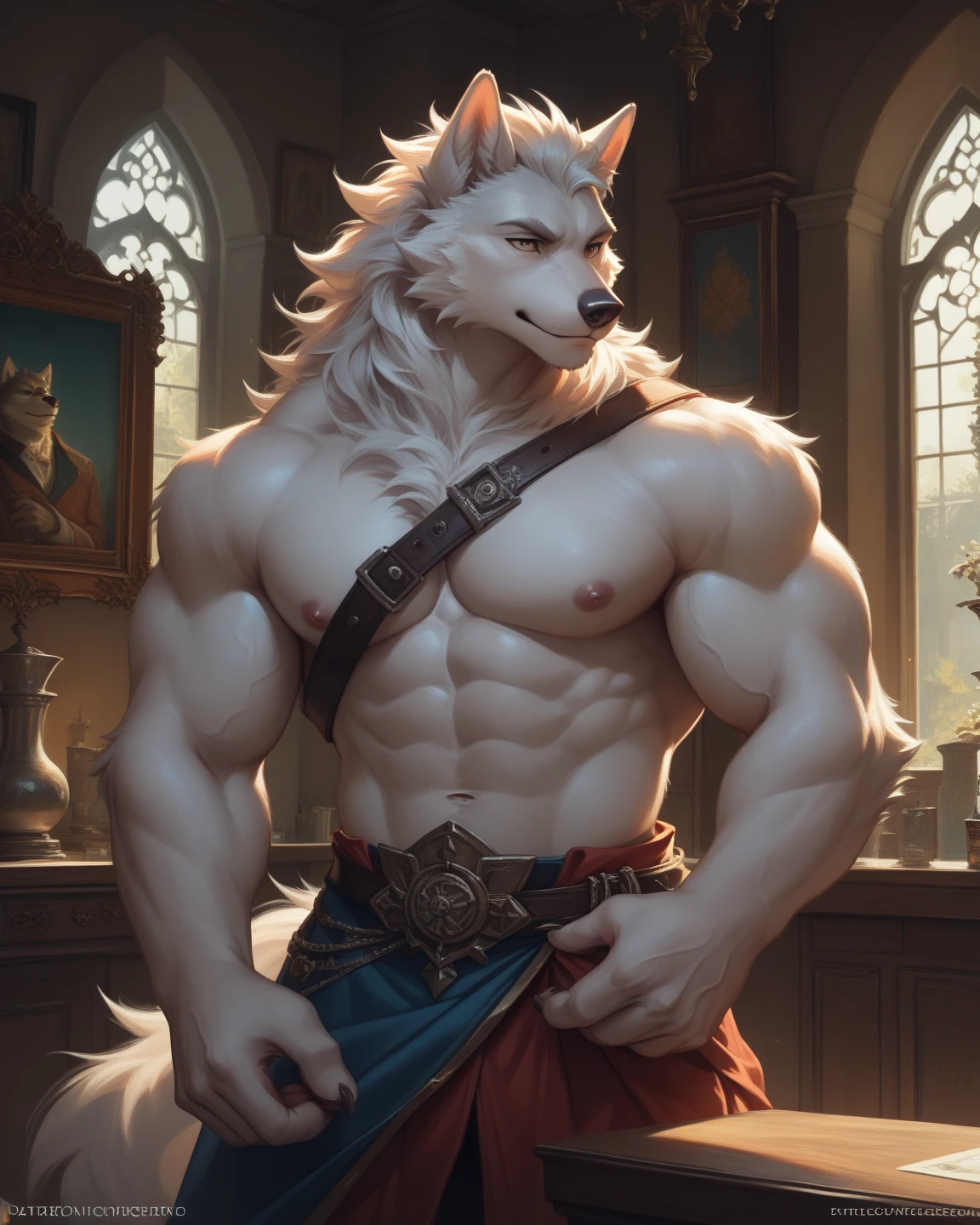 saberon, world of warcraft, full body covered in fluffy soft fur, big muscular body, big muscular chest, volumetric abs, sensual, detailed, uploaded to e621, beautiful and detailed portrait of male saberon from world of warcraft, kenket, ross tran, ruan jia, zaush, foxovh, bare chest, pole dancing in a club, leather harness, depth of field, thick powerful thighs, handsome face, cinema lighting, strong jawline, cute innocent expression