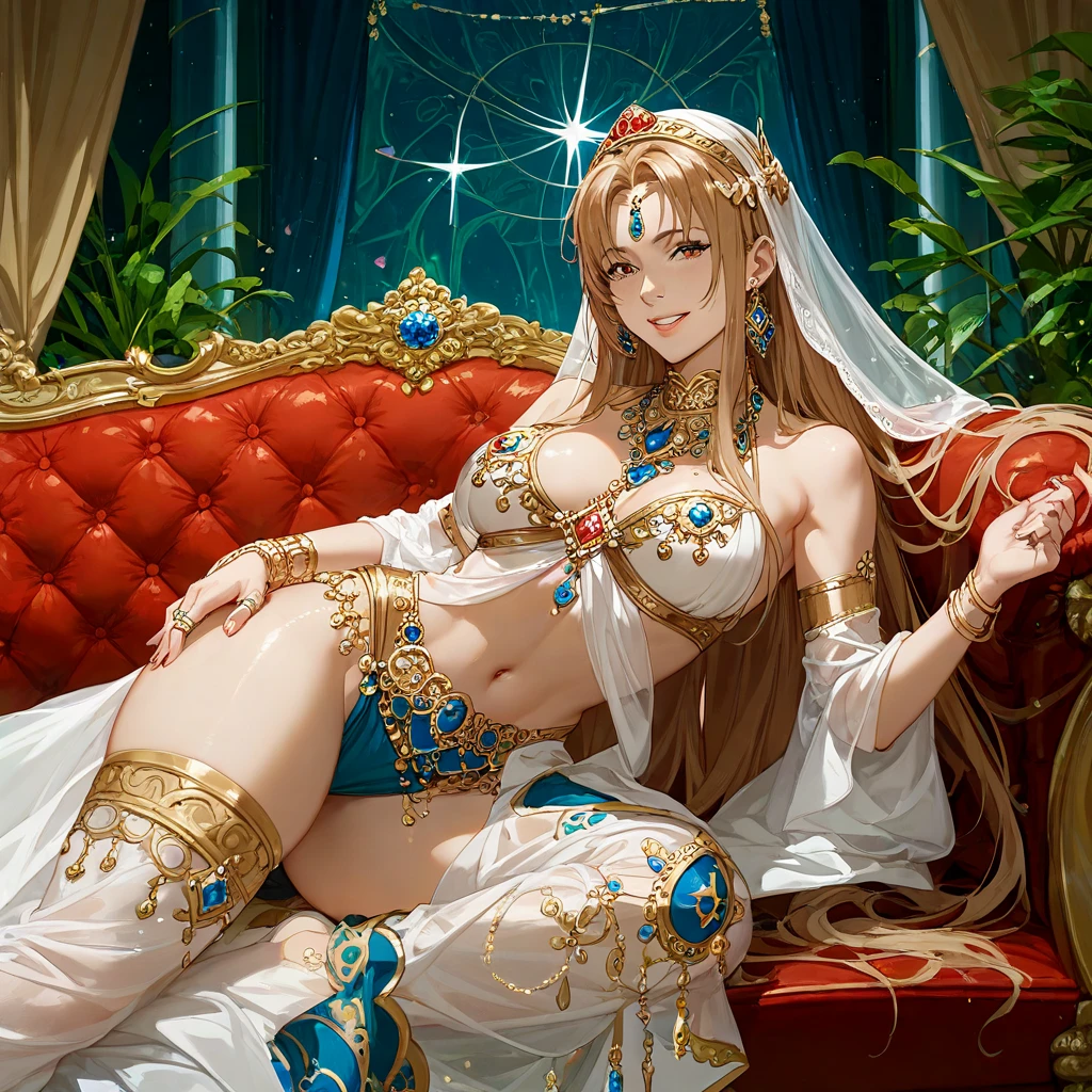 ((Highest quality)), ((masterpiece)), (detailed), (Perfect Face)、The woman is seducing the man by spreading her legs wide on the bed with a gentle expression and showing him her pussy.、The woman was a tiare with green eyes and medium-long blonde hair, and was wearing a luxurious, shiny, gold-colored, long-slit see-through dress with gorgeous embroidery and trim, which allowed her skin to show through, a gold-colored see-through cape, and a gold-colored see-through veil. She was wearing a gorgeous jeweled hair accessory, a jeweled head dress chain, a jeweled waist chain, a gorgeous necklace, bracelets, ankle bracelets, jeweled earrings, and shiny gold boots. She was also wearing an engagement ring.
