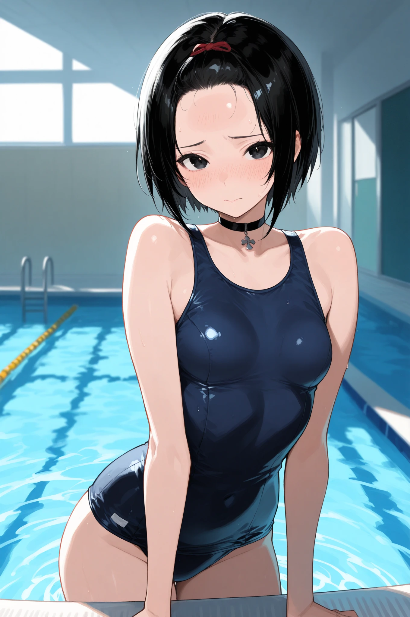 masterpiece, best quality, 1girl, ((young girl)), shiny skin, (thin waist), ((curvy)), ((wide hips)), ((small size)), hot, soft natural lighting, reflections, bright illuminations, upper body, (((full Swimsuit))), navel, big long black hair, tomoko, sexy, slim figure, Detailed green eyes, Detailed face, Detailed eyes, tomoko kuroki, watamote