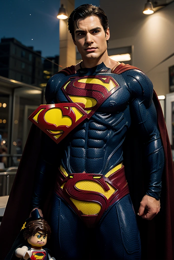 (highres,realistic) a man in a superman costume flying through the air, airbrush painting by Randy Vargas, cgsociet, artgerm, ross tran, and artgerm, masayoshi suto, and artgerm, with ultra-detailed metallic textures and vibrant colors. The man is shown in mid-air, soaring above the cityscape, with his cape billowing in the wind. His muscles are defined, and the intricate details of his costume, including the S emblem on his chest and the textured fabric, are clearly visible. The background features a dynamic city skyline, with skyscrapers reaching towards the sky and birds flying in the distance. The lighting is dramatic, casting long shadows and illuminating the scene with a sense of energy and power. The overall artwork has a photorealistic style, capturing the essence of the superhero and bringing him to life in a dynamic and visually stunning manner.