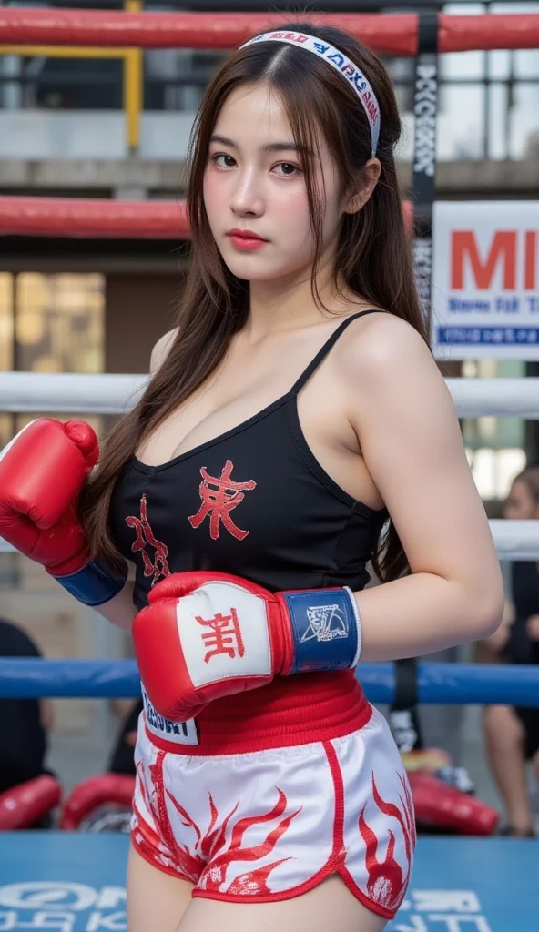<lora:srgirl:0.8>, stgirl, best quality, masterpiece, illustration, realistic, photo-realistic, amazing, finely detail, incredibly absurdres, huge filesize, ultra-detailed, highres, extremely detailed CG unity 8k wallpaper, nsfw, A beautiful young woman wearing an open-bust black bikini, with a red collar and metal buckles around her neck, a red belt with metal buckles around her waist, black leather bands around both legs, boxing gloves on both hands, possessing Korean-style facial features resembling a popular actress, with brown lightly permed highlighted hair, on the boxing ring, drenched in sweat on her body and hair, ample bosom appearing more voluptuous and perky due to the bikini's constraint, with one foot stepping forward and the other stepping back, upper body leaning forward showing an offensive posture, expressing a look of utmost fighting spirit and determination as boxing with all her might.