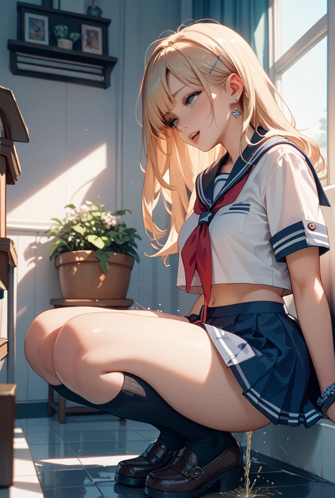 nsfw, (8k、Best image quality、Highest quality、masterpiece)、Detailed face、Detailed Background, Improve、A beautiful 18 year old woman, (Golden Hair:1.3), Short pigtails, flat chests, Short, (White short sleeve shirt), (Sailor collar:1.3), (Red ribbon), (Navy blue pleated skirt), Earrings, loafers, (grin), (Blushing:1.4), Sit on a bench in front of the station, (Have a skirt:1.3), spread legs, panties visible, black panties, from front, full body,