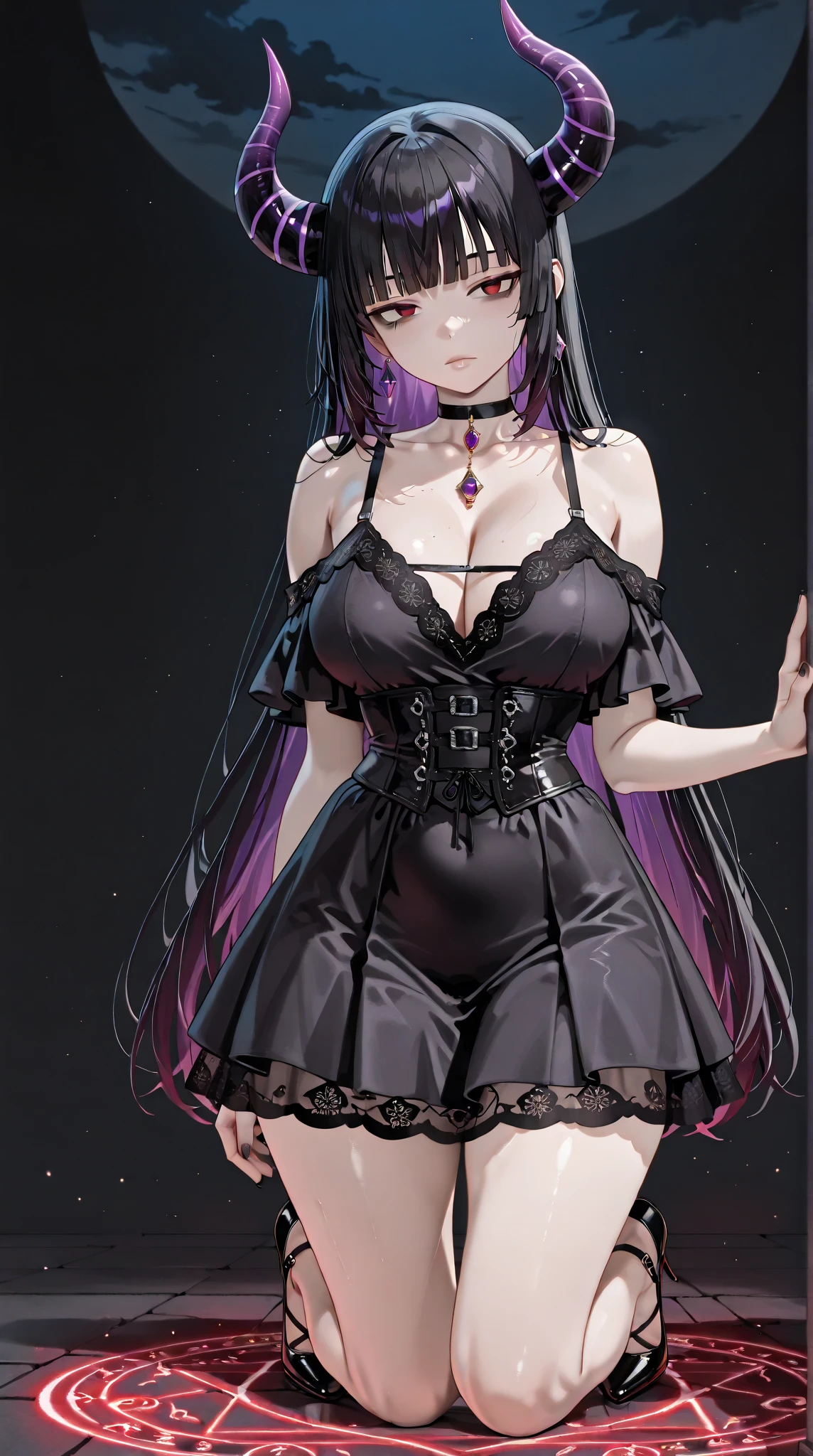 Detailed and colorful sketch, estilo contorno realista, desenho de corpo inteiro, Eliza de Tekken, iris of yellow eyes like a snake, short black gothic style hair with long bangs to the shoulders, bangs on the forehead and a short haircut at the back exposing the back of the neck, trancinha suave perto da orelha com uma pequena rosa preta enfeitando o cabelo, wearing elegant gothic dress