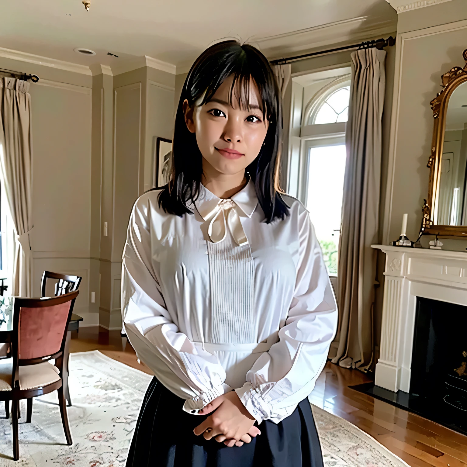 A breathtakingly beautiful 20-year-old woman stands in an opulent mansion room, dressed in a classic black-and-white maid outfit with a short hem and a white brim cap. Her confident smile radiates warmth. The room features elegant furnishings and decor befitting a grand estate, bathed in soft, natural lighting that enhances the sophisticated ambiance. long hair, dark hair, dark eyes.