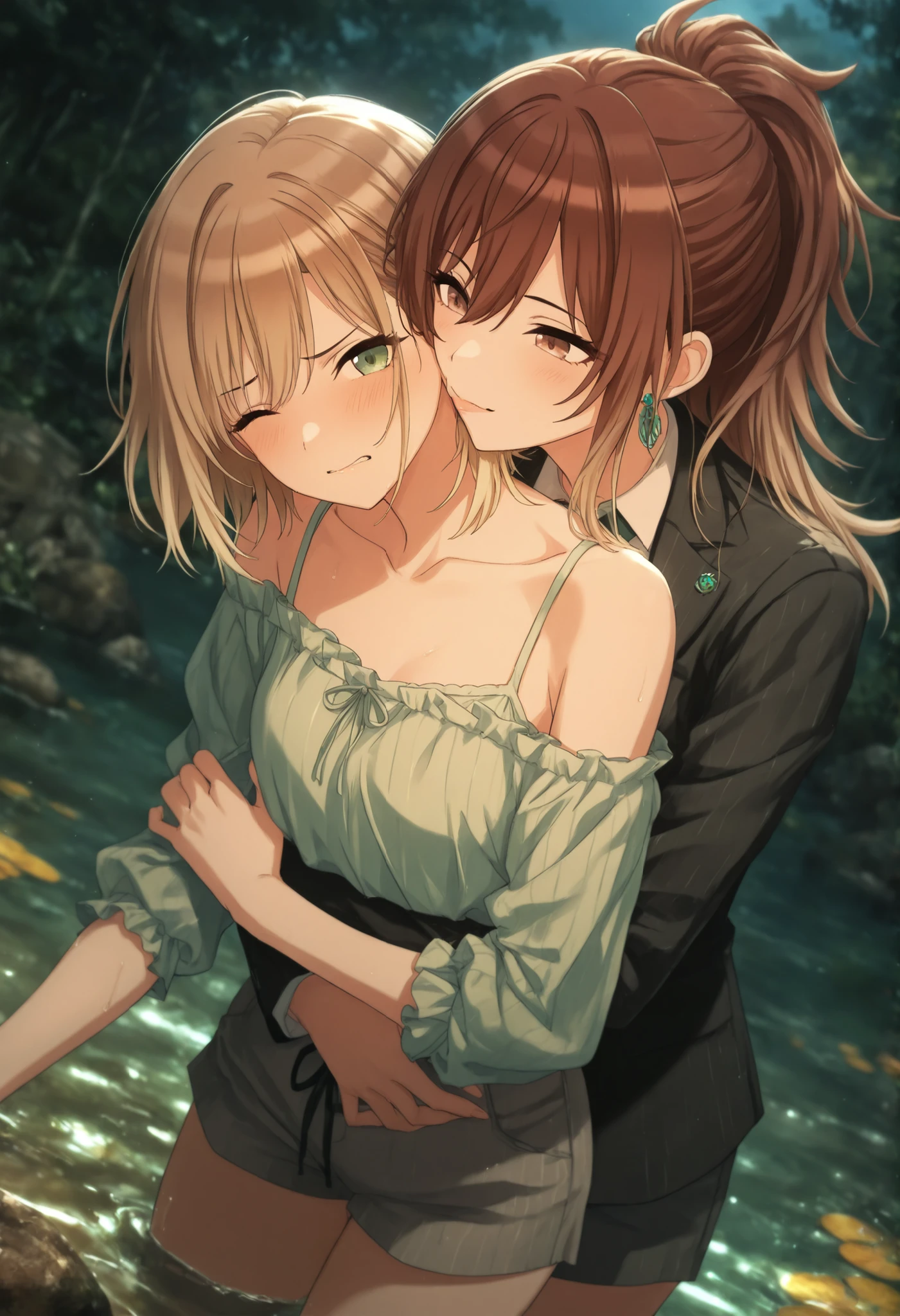 masterpiece,best quality, good quality, ,,outdoors, dark,((cinematic light)), shanimas, source_anime, 2girls, agirl_and_bgirl, , yuri sex,
agirl, mature, tall female, beige hair, green eyes,, long hair, suit style, smile, (rape),((deep kiss)) , hug from back, Break ,
, bgirl aketa mikoto , ,brown hair ,medium hair ,blonde hair ,multicolored hair ,brown eyes ,green blue eyes ,multicolored eyes ,tsurime, ponytail, 2girl, ,looking at viewer, , ,green earrings, off shoulder,(),gray shorts, small breasts, (slim arms), ,from , , (on dark water), aged up, ,dutch angle,(),((wince, ecstasy, furrowed row, embarrassed,)),,embarrassed, ,