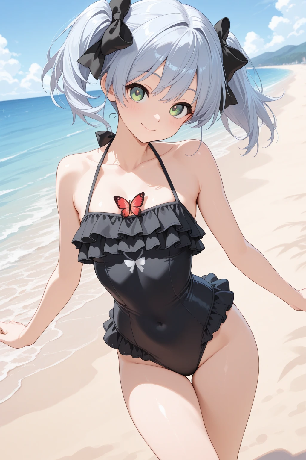 girl、solo、、swimsuit one piece、seductive pose、smile、beach、Playing with the waves on the beach、