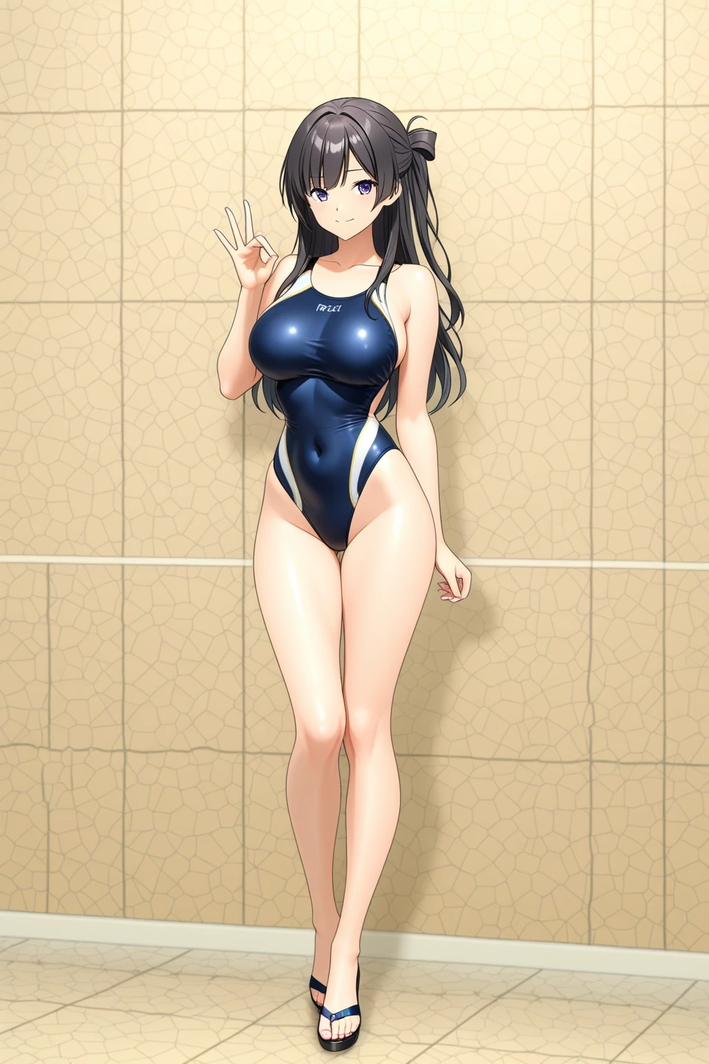 (masutepiece, Best Quality, High resolution, anime colours, megami magazine:1.2, anime poster style, anime keyvisual, sharp, 8k, photorealistic), from side, (beautiful eyes:1.5, beautiful face), Kotegawa Yui, 1girl, solo, Cute, blush, (Long Black Hair), (sagging large breasts), (white onepiece swimsuit), cleavage, (arm behind back, cowboy shot), (Perfect detailed Anatomy, beautiful detailed hair, perfect detailed body:1.2, shiny skin), (thick outline, Beautiful outlines, black outlines), simple background,