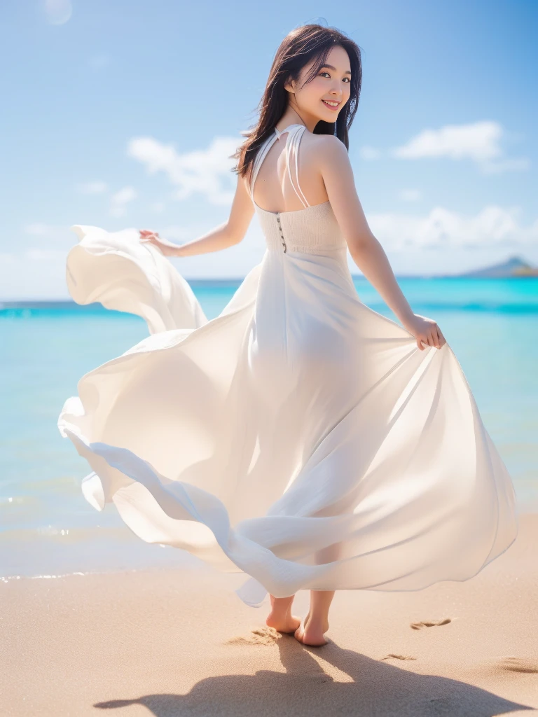 masterpiece, best quality, ultra high res, 1girl,blue theme<lora:bluetheme_skywater-000006:0.5>, sky, water,standing on water, white dress