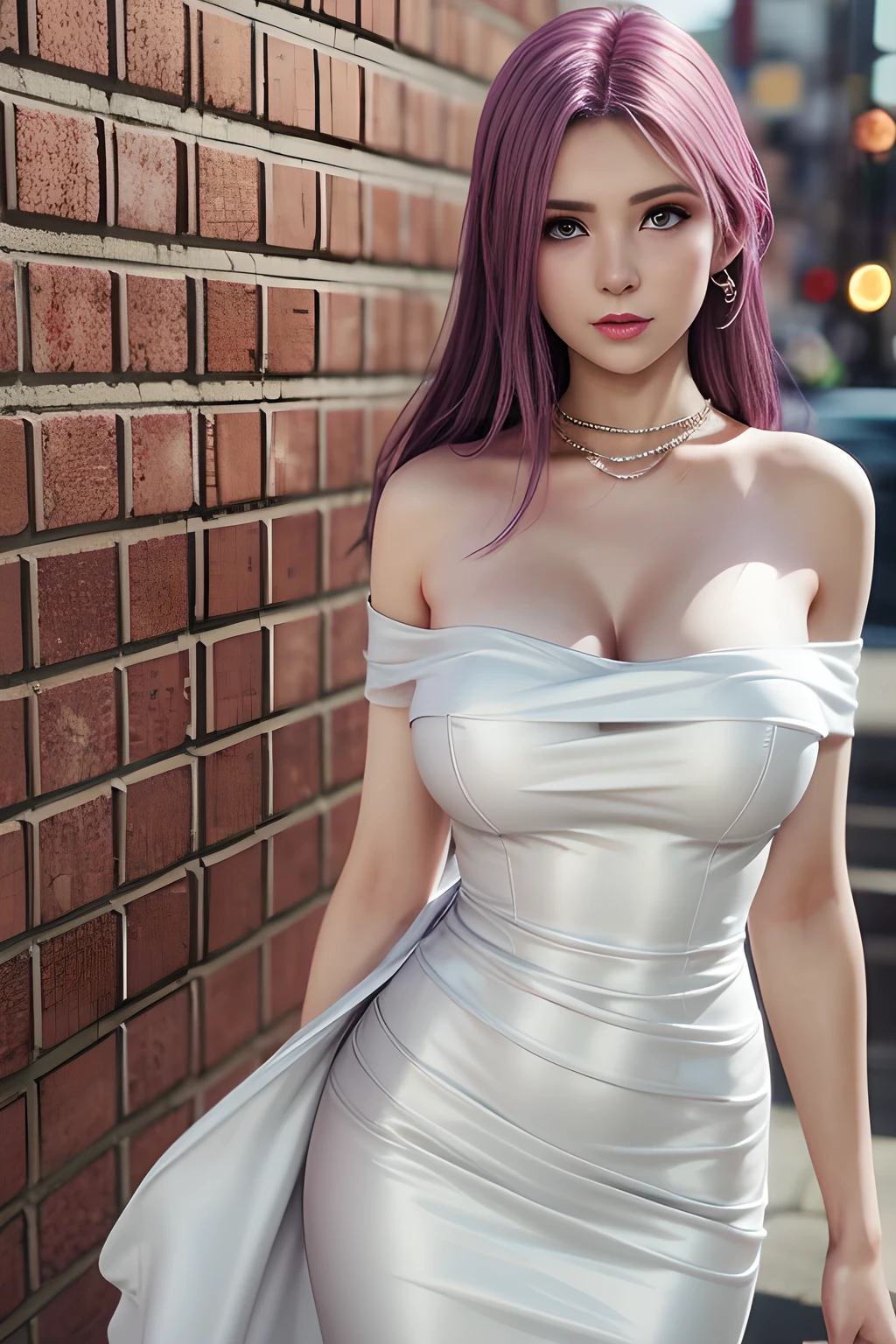 1 girl,Alice,(white luxury dress:1.4), jewelry,Outdoor activities, (standing posture),grace,(((red lips))), Lips slightly open, clavicle,Lactation,(huge breasts:1.3),skin shiny,((8k, original photo, top quality, masterpiece), HD RAW color photos professional close-up photos, (actual, photorealism: 1.37), (best quality),8k,Fabric luster,alone,
