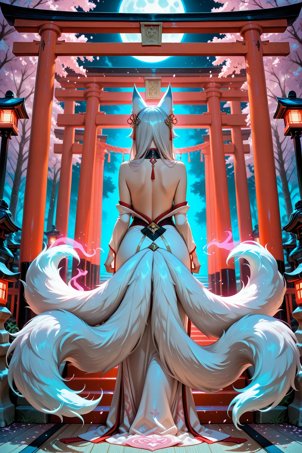 A beautiful girl with cat ears, long white hair, and a furry cat tail, red eyes, wearing white Qipao with red flowers details, slender figure with large breasts, (best quality,4k,8k,highres,masterpiece:1.2),ultra-detailed,(realistic,photorealistic,photo-realistic:1.37),detailed eyes,detailed lips,extremely detailed face,long eyelashes,fantasy,magical,digital painting,concept art,vibrant colors,dramatic lighting,highly detailed, full body image