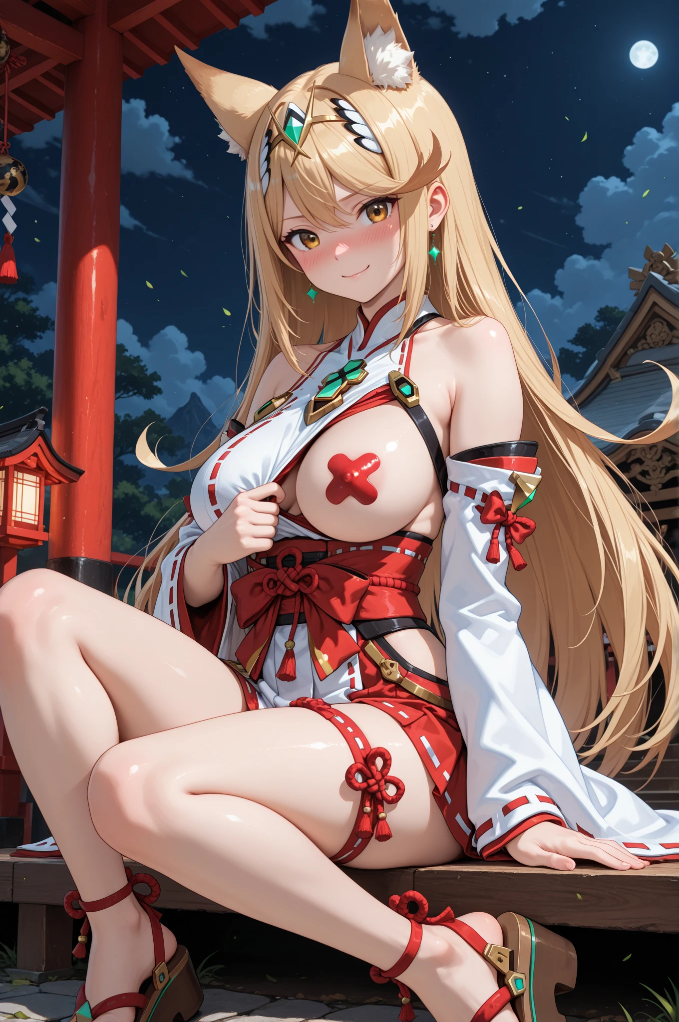 Elf、yukata(crane、magnificent)、Portrait of a beautiful 16 year old girl , detailedな背景画、Red Eyes, detailedな目、detailedな手脚、Accentuate the cleavage、Festivals, Tan Skin、Bright red lips, (masterpiece) (Highest quality) (detailed) (8K) (High resolution) (Cinema Lighting) (Sharp focus)、Blonde、(Inner Color: Random), ((blush: 0.8)), Natural skin texture, Transparent skin、Delicate, rolled up、豪magnificent、hair ornaments、A step back angle、