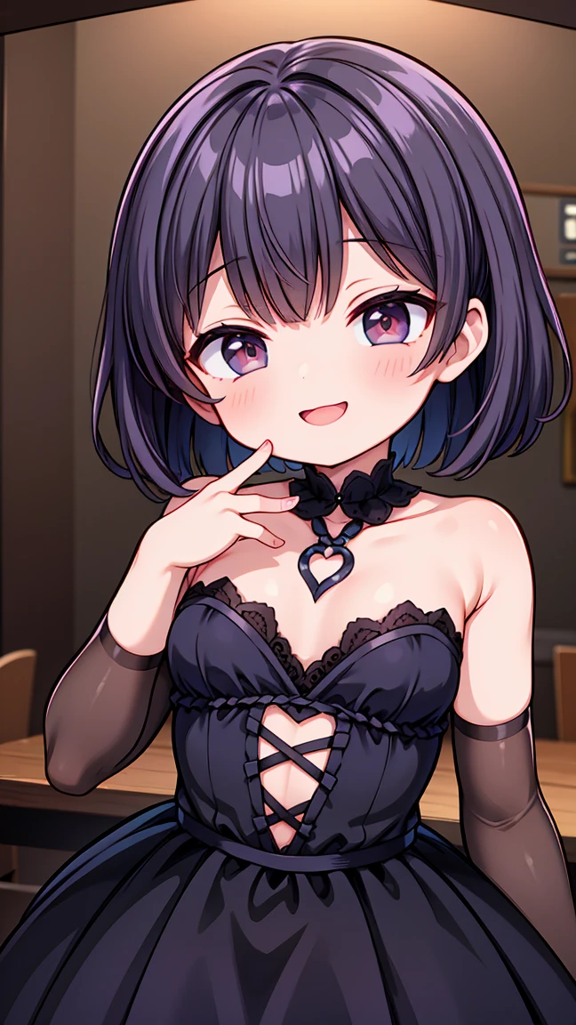 girl、Small breasts、Black Hair、Iris、Bob Hair、Black off-the-shoulder dress、Adult entertainment establishment、Half-naked、smile、Sticking to males