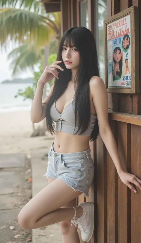 Close-up of a woman in a body suit,Denim dresses and tight pants, Open the legs slightly., Large bust, bust 36 inches, Abdomen is shiny, wet and strong., Show different postures, beautiful south thai women, Thai anime, Korean girl, Hot with bright sunlight, gorgeous young korean woman, นางแบบแฟชั่นkorean woman, beautiful young korean woman, korean woman, Photo of a strong, proportionate supermodel, 8k photos, 3-D, beautiful asian girl, Thin waist and thick hips, beautiful female model, Korean idol