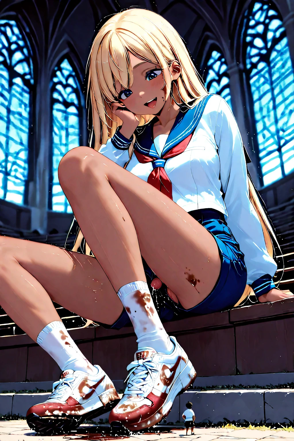  ((("Three 17 year old girls.)))) The first has long yellow hair and green eyes.. The second has white Bob hair and blue eyes. The third has long red hair and red eyes.. wearing high school uniforms,  In the stairs, crawling position, legs open showing panties, NSFW, sitting on the stairs, showing panties.