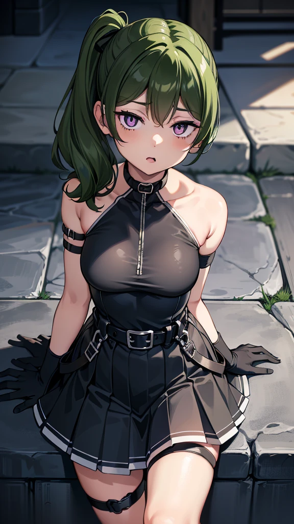 BREAK looking at viewer, BREAK (masterpiece:1.2), best quality, high resolution, unity 8k wallpaper, (illustration:0.8), (beautiful detailed eyes:1.6), extremely detailed face, perfect lighting, extremely detailed CG, (perfect hands, perfect anatomy),castle,night,park,starfall,stars,wet road,green hair, side ponytail, (purple eyes:1.1),
skirt, gloves, dress, bare shoulders, pleated skirt, sleeveless, black gloves, elbow gloves, belt, miniskirt, black skirt, black footwear, (black dress:1.5), thigh strap, sleeveless dress, halterneck, armband, single glove, black belt, pleated dress, arm strap,nipples see through, sitting on bench,spread legs.