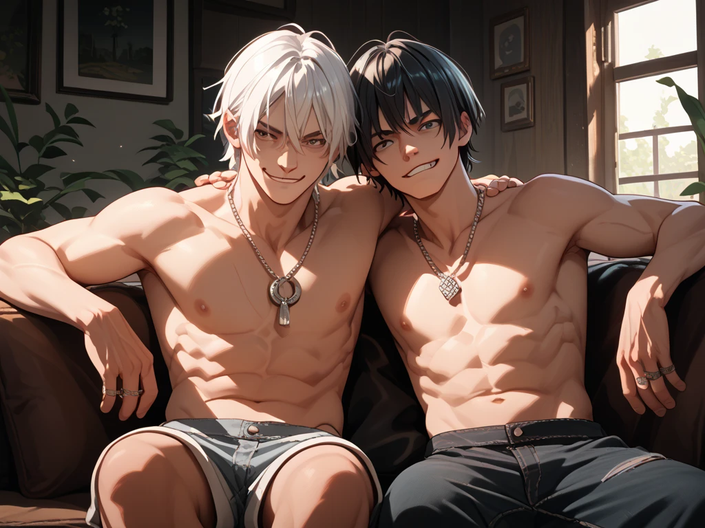 Young men+palid skin+short-madium curly wavy hair black with white highlights+red eyes Serious eyes +body tatto+ Wear a black Calvin Klein boxer. Shirtless + piercings + freckles+gym body(Sitting with one hand in his crotch and the other looking at dominate red lights