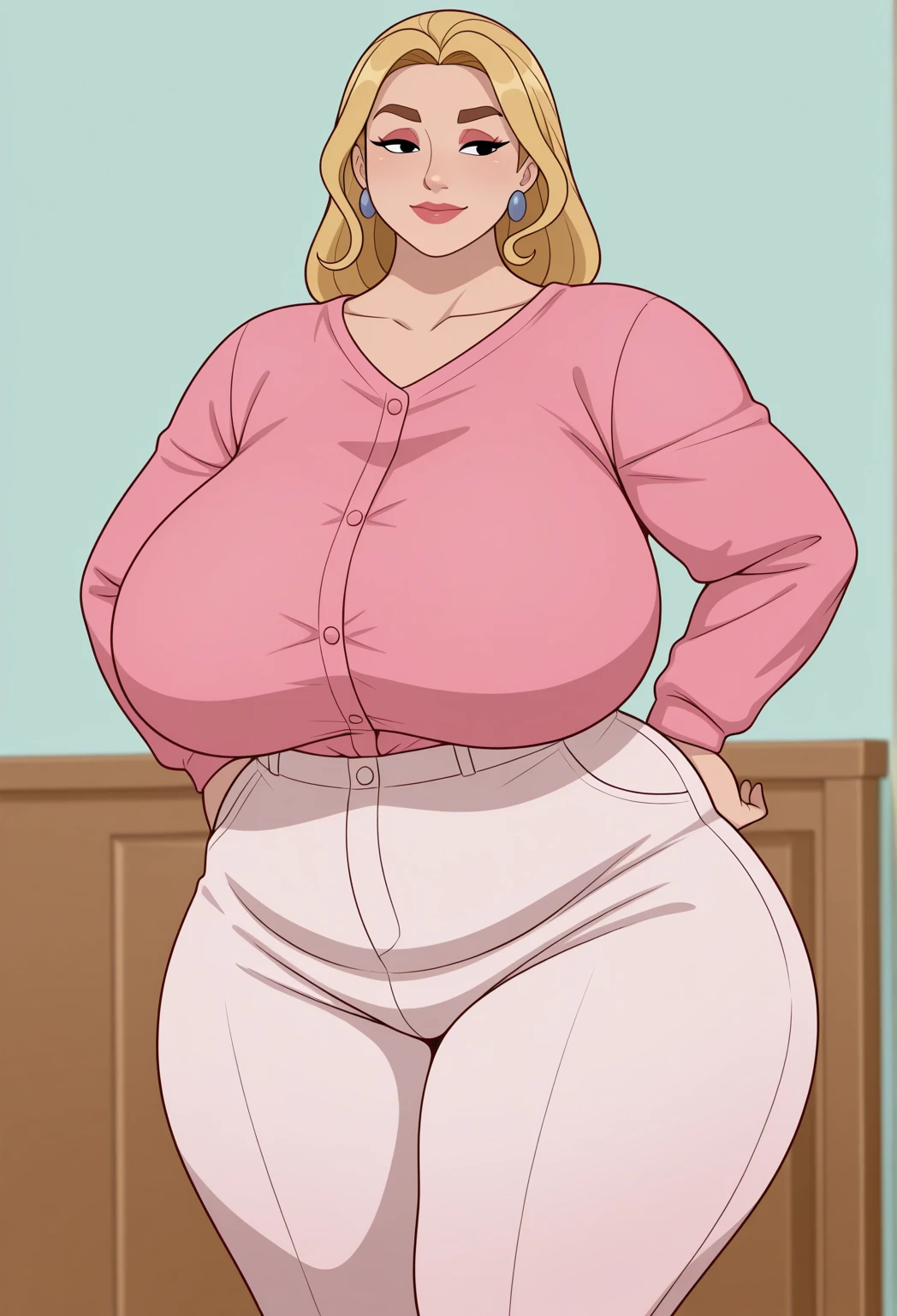 ((highres)), Masterpiece, high quality, best quality, beautiful, perfect lighting, detailed face, ultra cute face, looking at viewer, on a date, ((blush)), affectionate smile, ((1girl)), ((solo)), long blonde hair, fluffy hair, blue eyes, jeans, crop top, tight clothes, fast food restaurant, large breasts, cleavage, wide hips, ((thick thighs)), ((chubby)), chubby belly, standing, arms behind back, leaned over, cute pose,