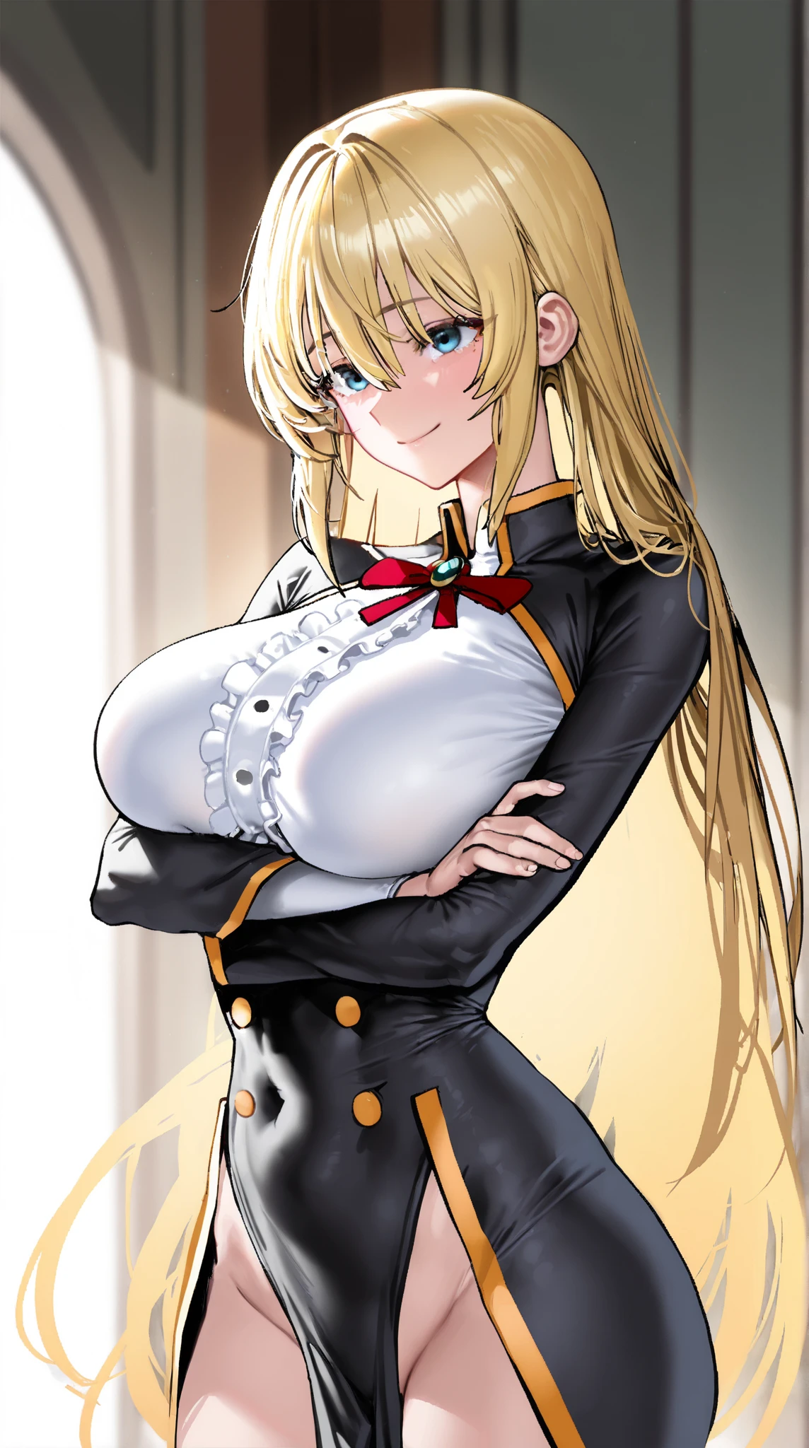 (((score_9, score_8_up, score_7_up, 1girl,solo,long hair,blonde hair,green eyes,ahoge,white hairpin,hair intakes,bow,hairclip))),((iyojima anzu,blond hair,green eye,gigantic breast,))((Perfect body,))((Super beautiful,))((High quality,))pov, Looking at Viewer,sweaty body, shiny skin,nsfw,looking shyly,(Heavy breathing,saliva,blush, sweat, Sweaty and wet all over,Steam,)blazer school uniforms,(Lift up the hem of her skirt to show off her crotch),Pleated skirts that are too short and expose underwear,Thigh-high socks,COWBOY SHOT,Smile,close mouth,